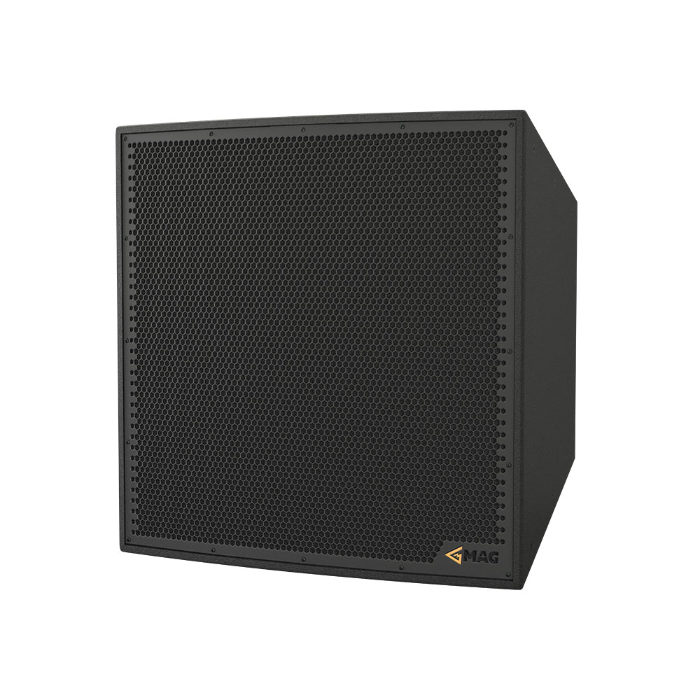 Black speaker cabinet with honeycomb grille and MAG logo