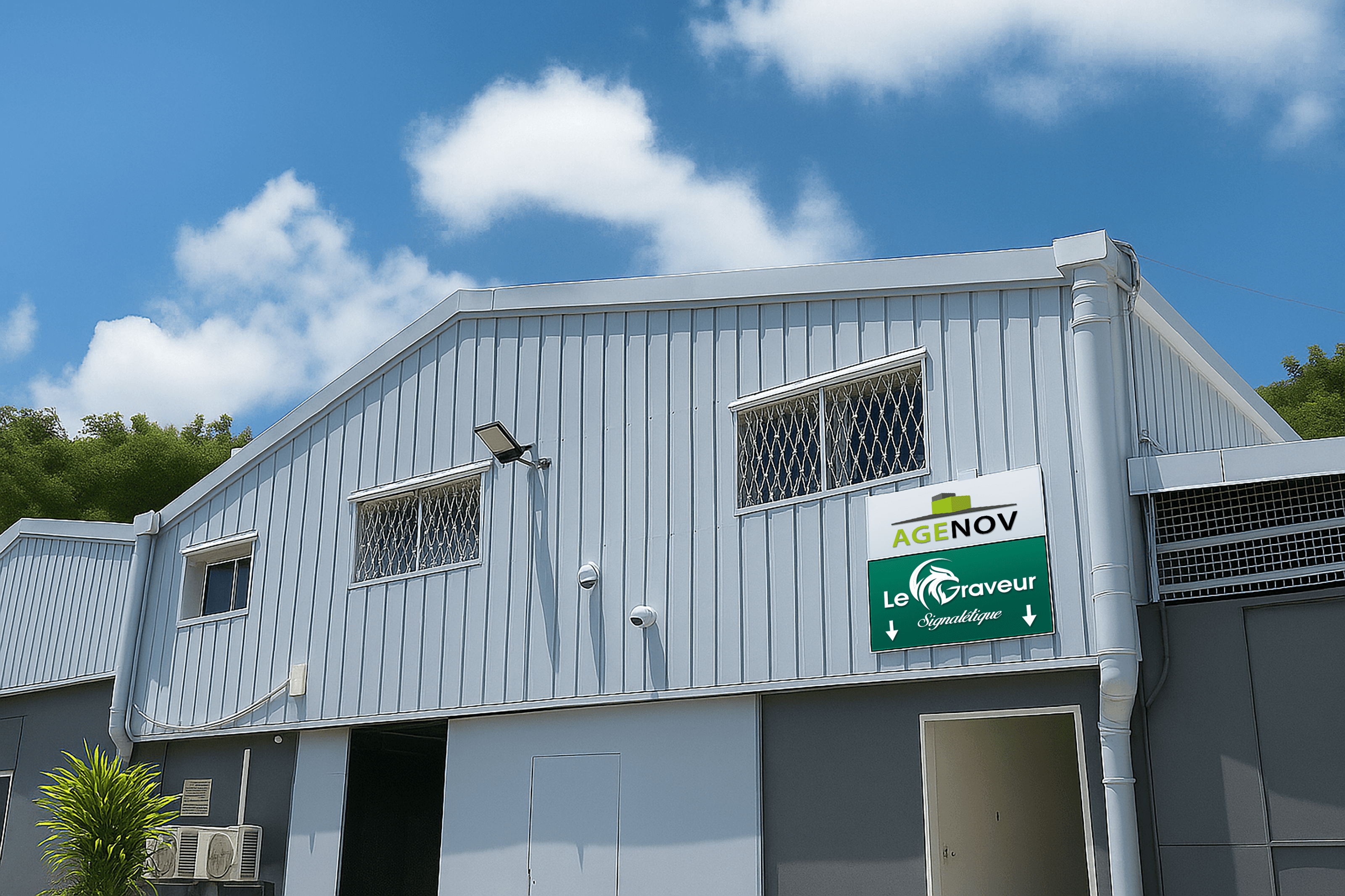 Extérieur du bâtiment d'atelier de l'entreprise nommé LeGraveur situé en Martinique, avec une façade en tôle ondulée, des caméras de sécurité et des climatiseurs. Une enseigne sur la façade indique « LeGraveur » et. Le ciel est clair, parsemé de nuages cotonneux, évoquant une journée calme et ensoleillée.