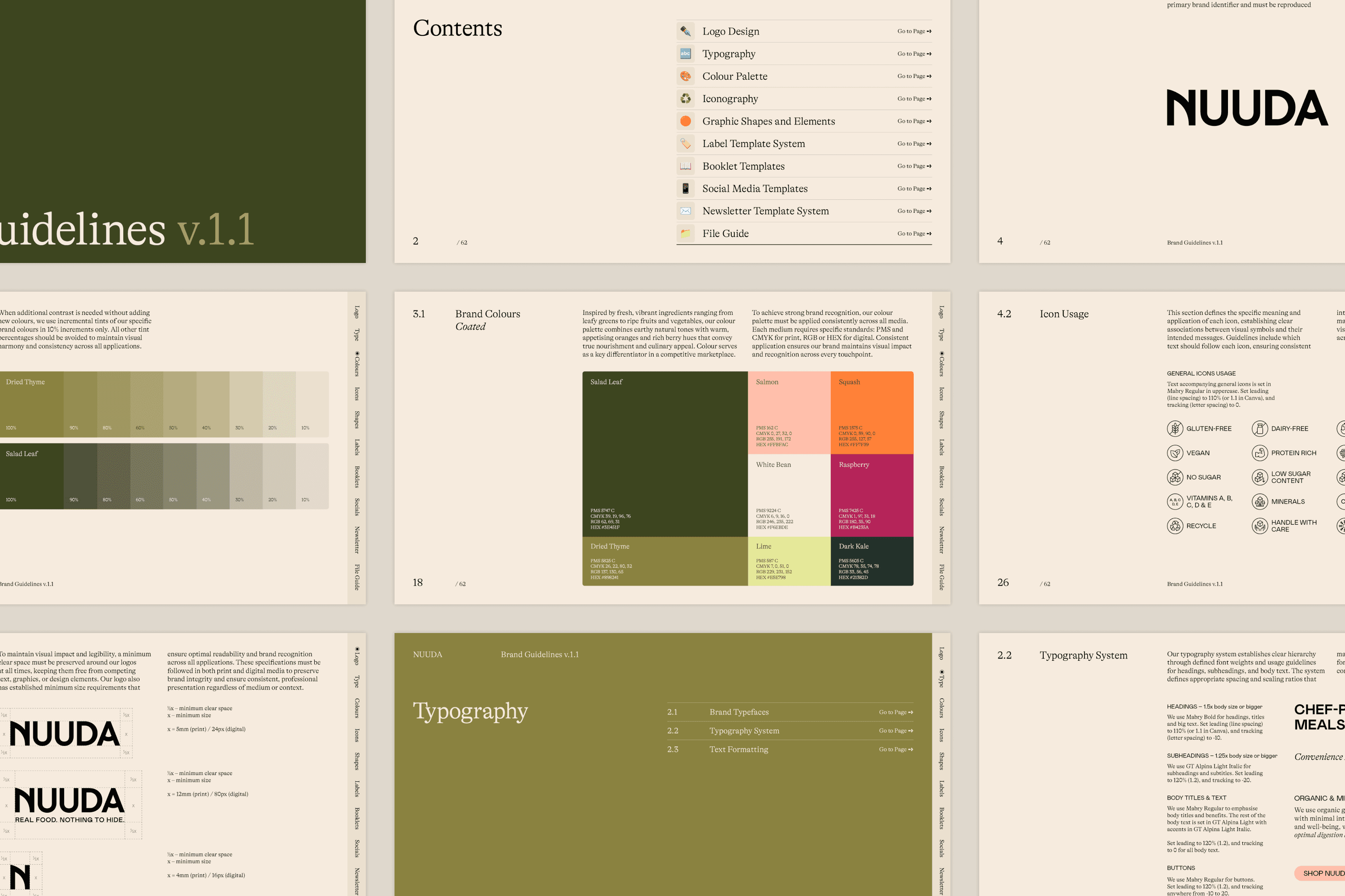 Select pages from Nuuda's brand guidelines document, showing the colour palette specifications, typography system, logo design, and icon usage guidelines