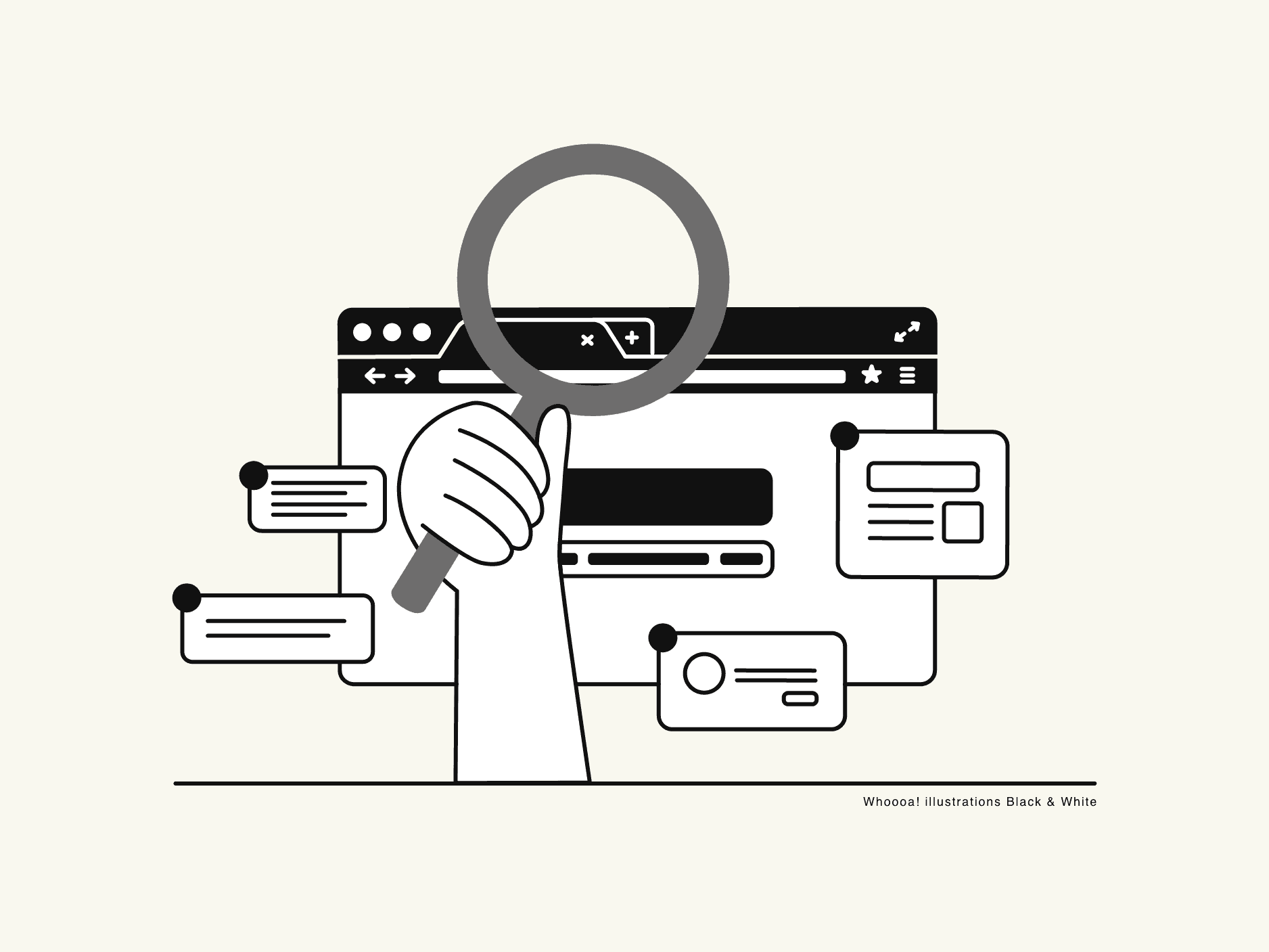 Black and white illustration of a hand holding a magnifying glass in the foreground, with a browser page in the background, symbolizing web search and email discovery.