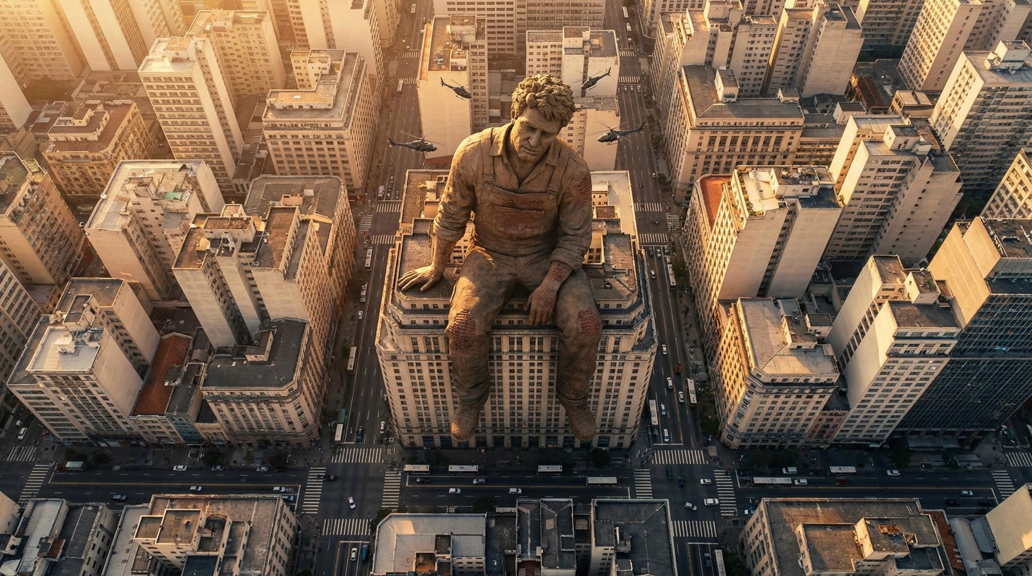 A highly detailed, photorealistic [CAMERA ANGLE, e.g., wide-angle shot, aerial shot looking down, extreme low-angle looking up] showing a colossal [DESCRIBE THE PERSON & CLOTHING] positioned in [SPECIFIC LOCATION/CITY/LANDSCAPE]. The giant is [ACTION -&nbsp; INTERACTING WITH THE ENVIRONMENT, e.g., sitting on a building, stepping over a bridge]. To establish the immense scale, tiny [TINY ELEMENTS: PEOPLE, CARS, OR BOATS] are visible near their [FEET/HANDS]. The lighting is [TIME OF DAY, e.g., golden hour, midday sun].