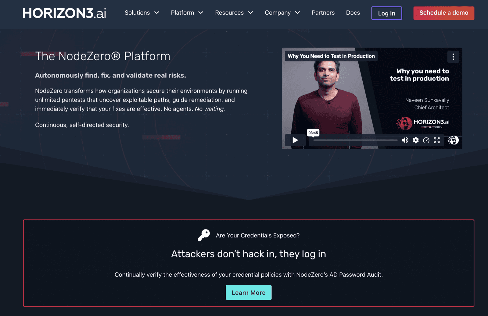 NodeZero Platform page from Horizon3.ai, headline The NodeZero Platform, autonomously find, fix, and validate risks