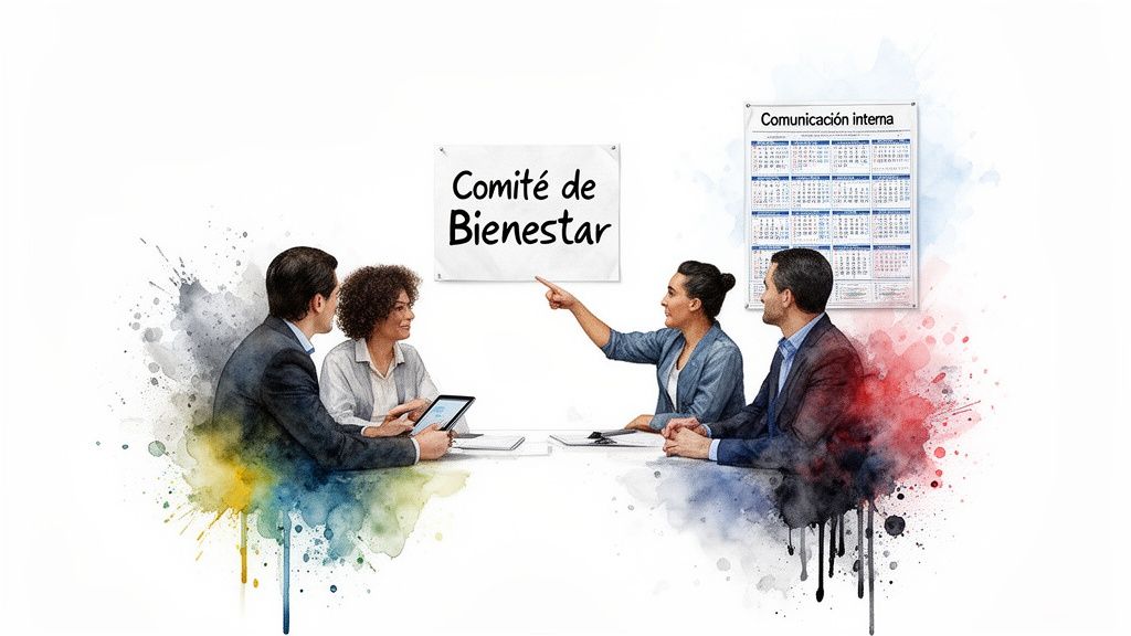 Cuatro personas en una reunión de negocios con los carteles 'Comité de Bienestar' y 'Comunicación interna'.