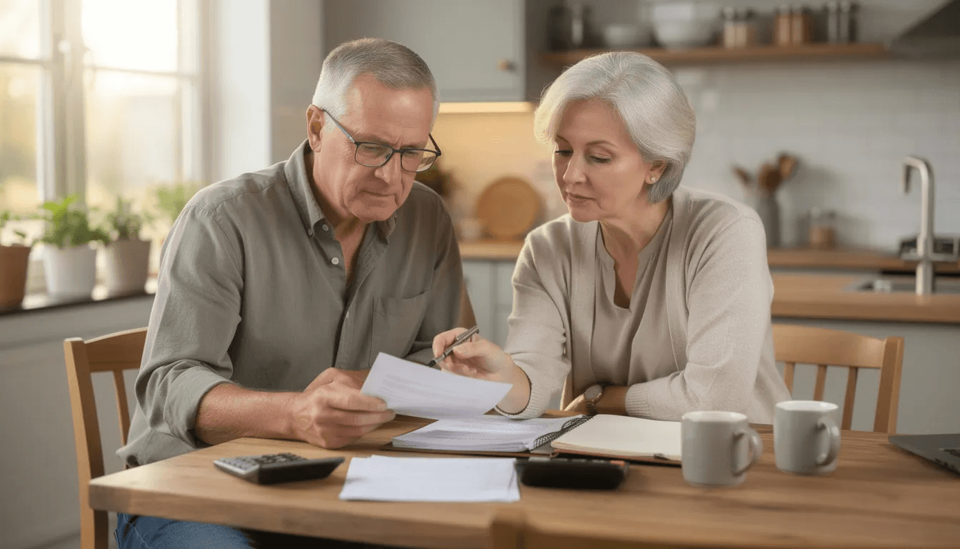 A senior couple sits closely together at a kitchen table, reviewing legal documents related to their estate planning, including paperwork about trusts and potential tax implications. They appear focused and engaged as they discuss how to protect their assets and manage their estate taxes effectively.