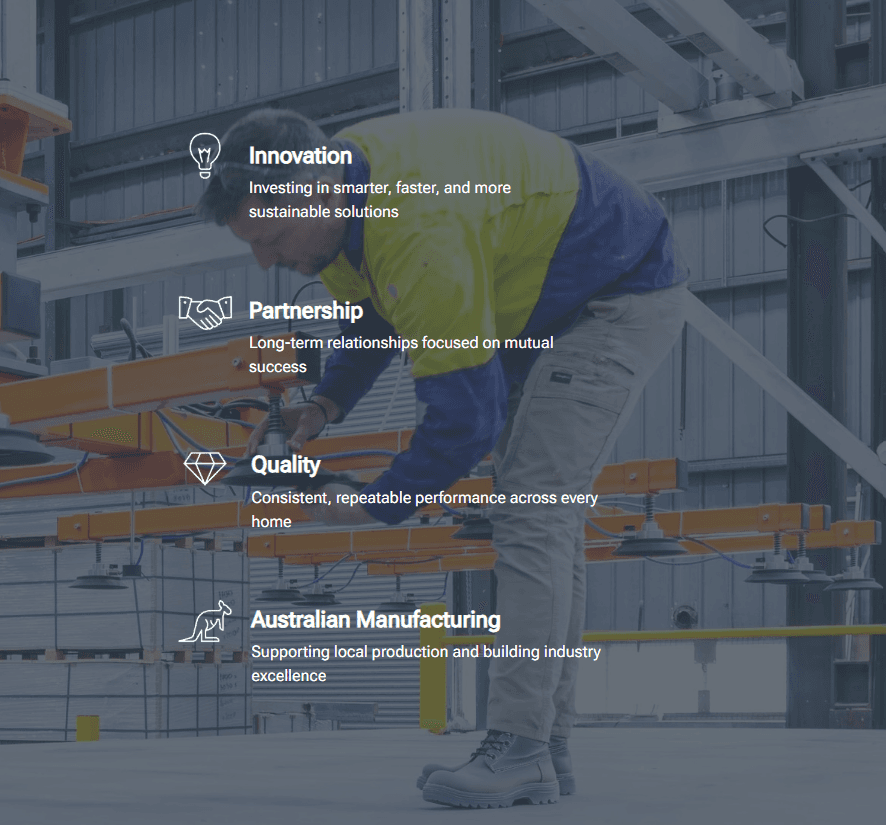 Interior of a factory with two workers in safety gear operating machinery. Overlay text lists core values: Innovation, Partnership, Quality, and Australian Manufacturing.