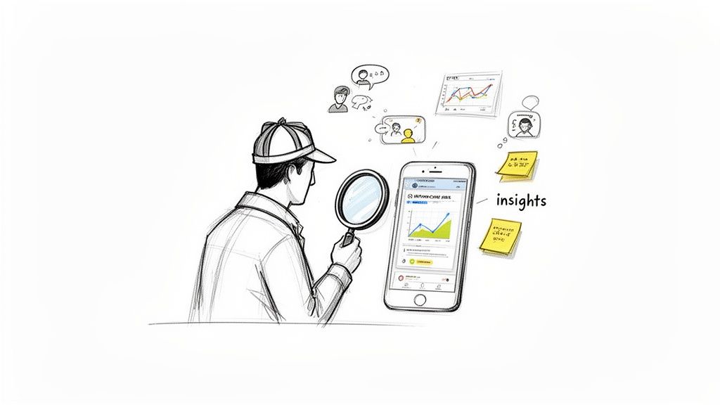 A sketch of a person with a magnifying glass examining data on a smartphone, surrounded by charts and insights.