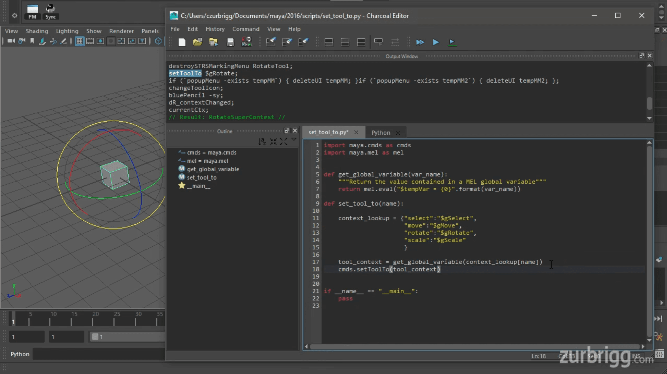 Maya Script Editor displaying Python and MEL code for activating selection, move, rotate, and scale tools.