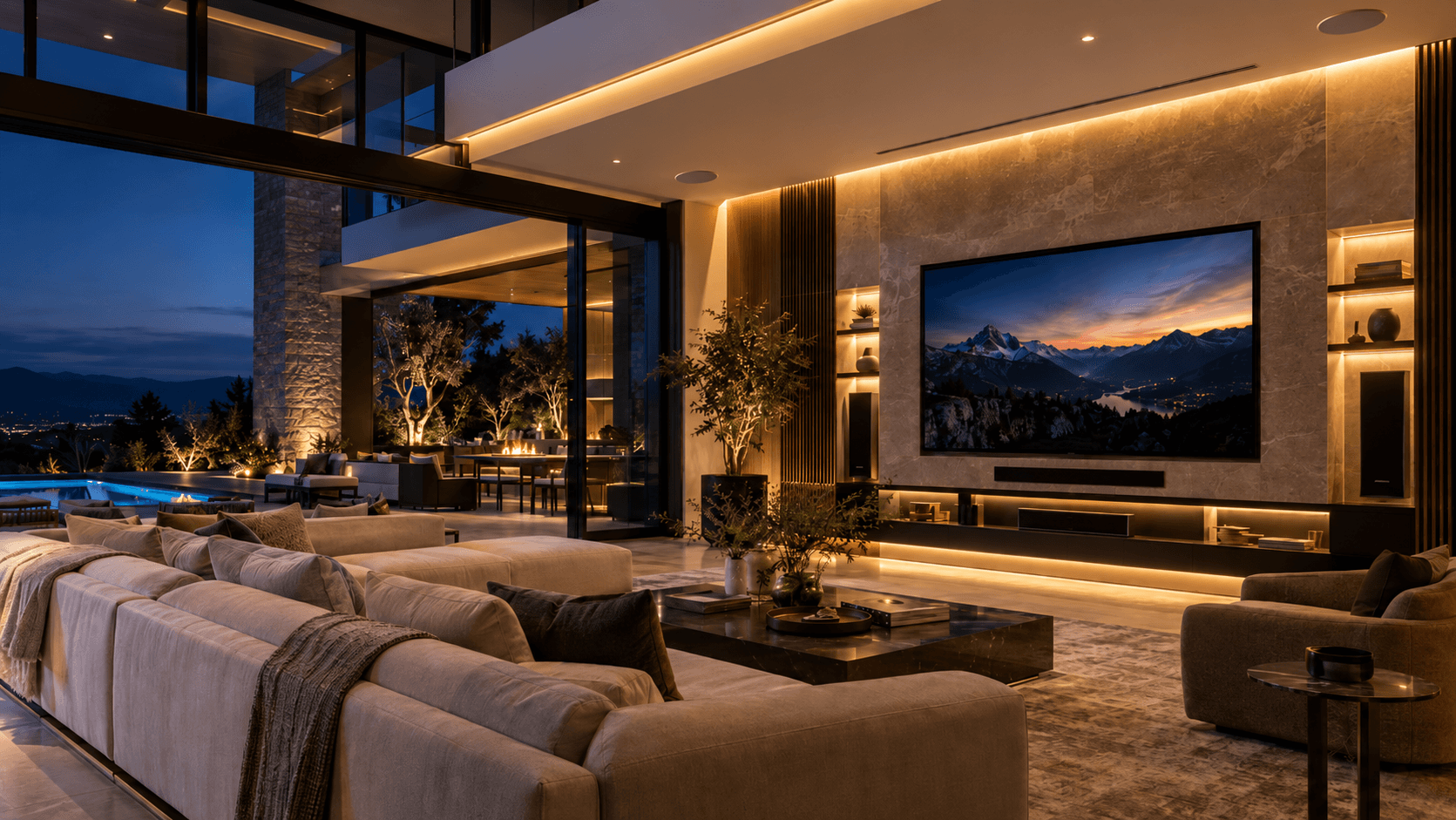 Audio video interior with two ceiling speakers