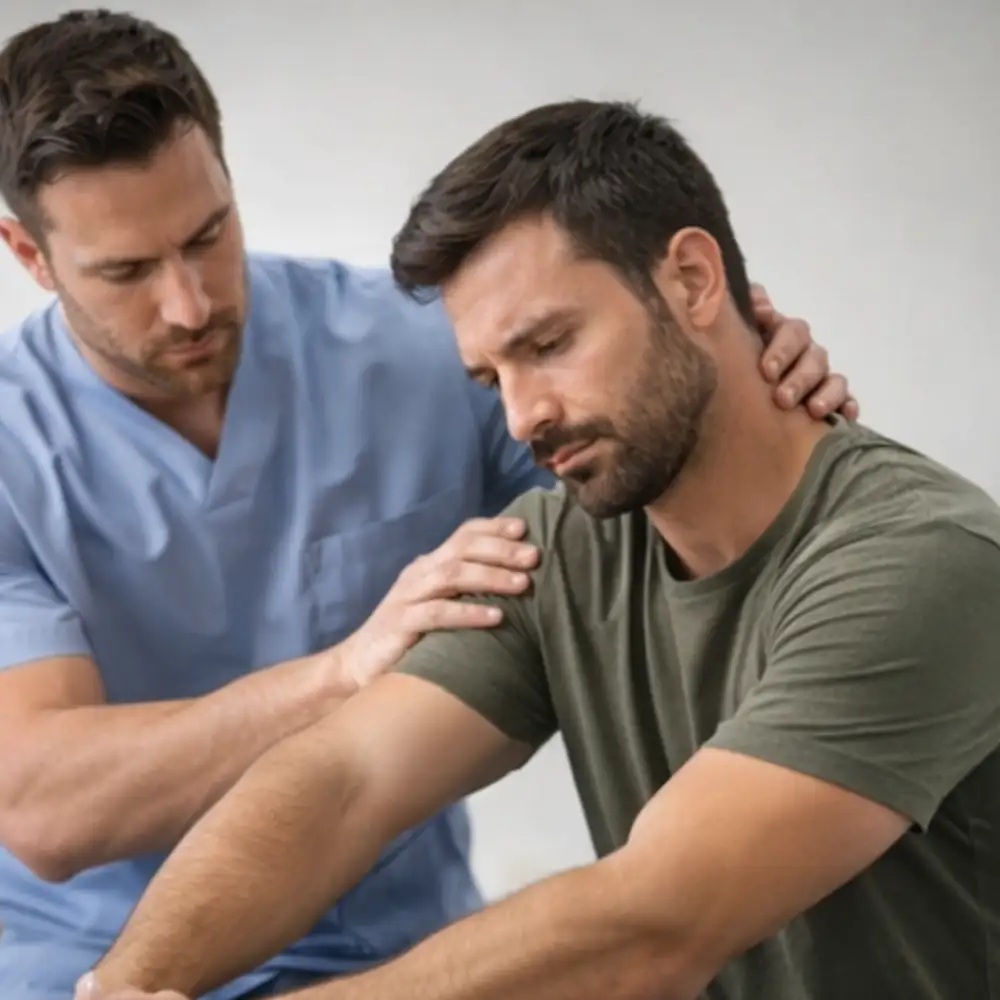 Chiropractor examining a male patient with shoulder pain during a treatment assessment in Draper, Utah