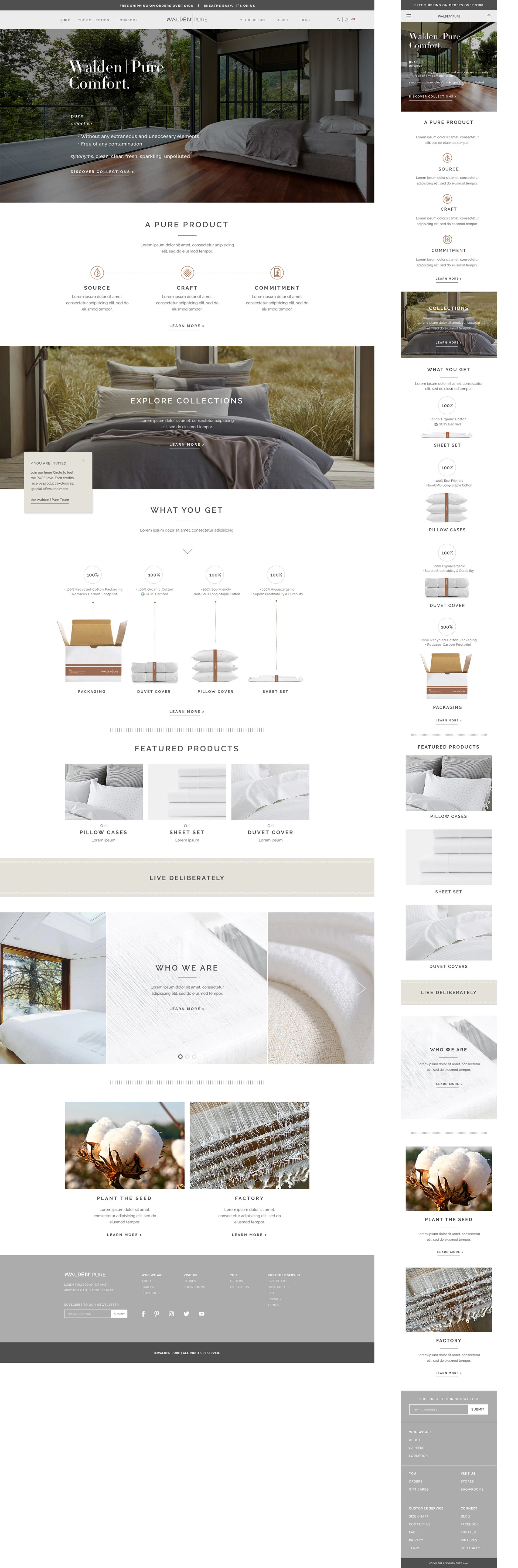 Walden Pure homepage and collection layouts with fabric, bedding, and lifestyle imagery.
