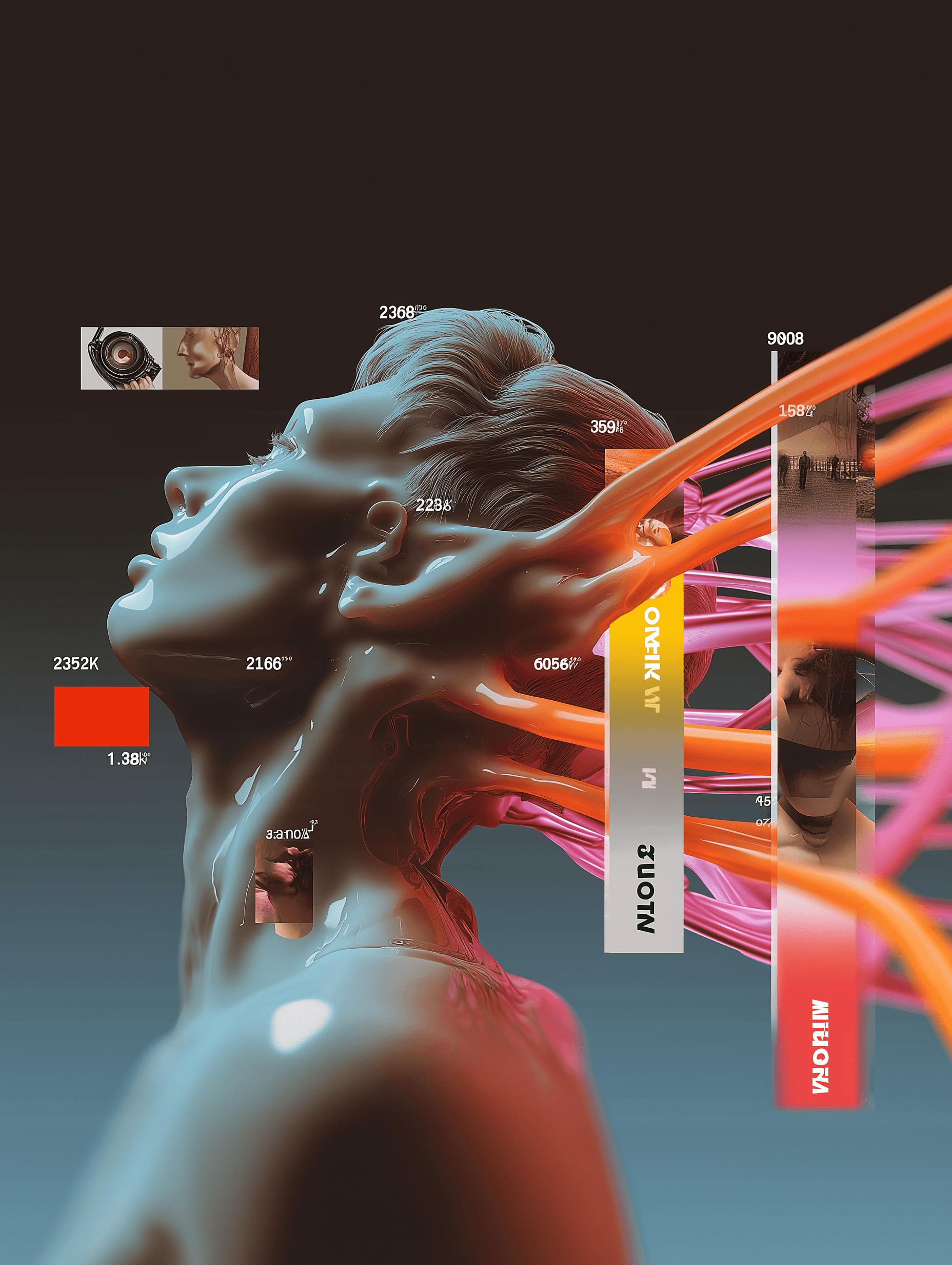 Futuristisches 3D-Portrait mit Daten-Visualisierungs-Overlays und oranger Akzentbeleuchtung