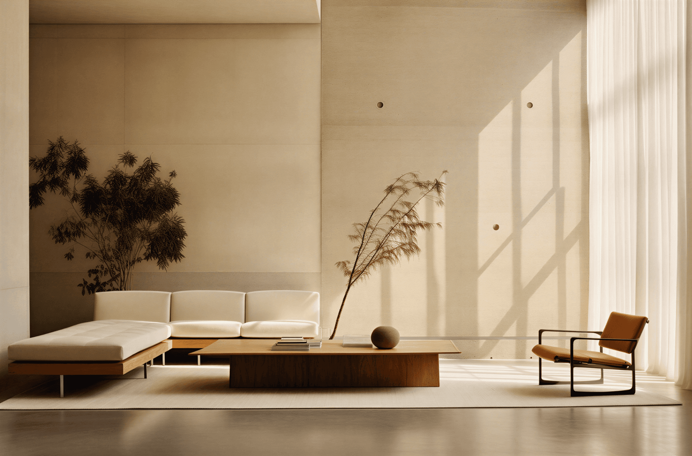 Modern minimalist living room with cream modular sofa, wooden coffee table, dried pampas grass, dramatic window shadows, and cognac leather accent chair