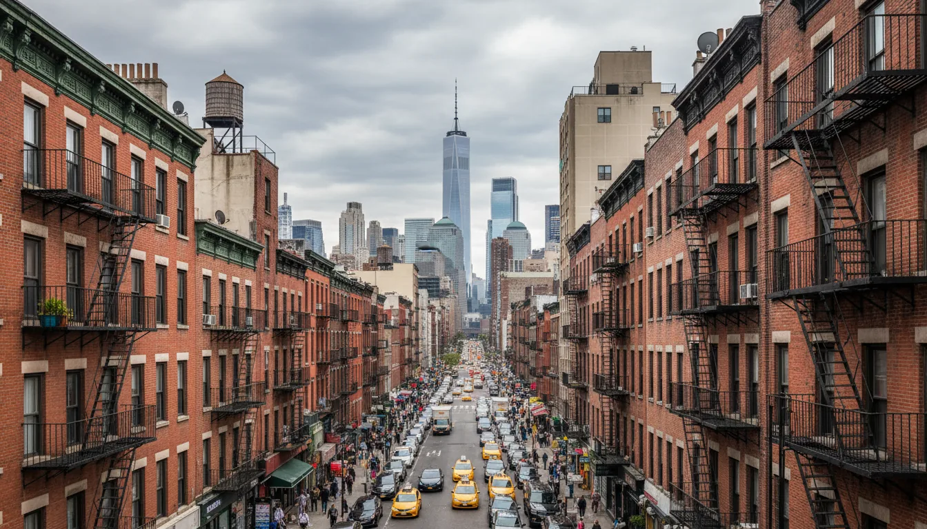 A wide-angle DSLR photograph from an elevated viewpoint, looking down a bustling New York City street that leads towards the Lower Manhattan skyline. The foreground is filled with the detailed textures of weathered red brick apartment buildings featuring black iron fire escapes and rooftop details. In the background, modern skyscrapers, including the iconic One World Trade Center, rise against a dense, overcast sky. The scene is captured in sharp focus with natural daylight, creating a high-contrast, gritty urban atmosphere.