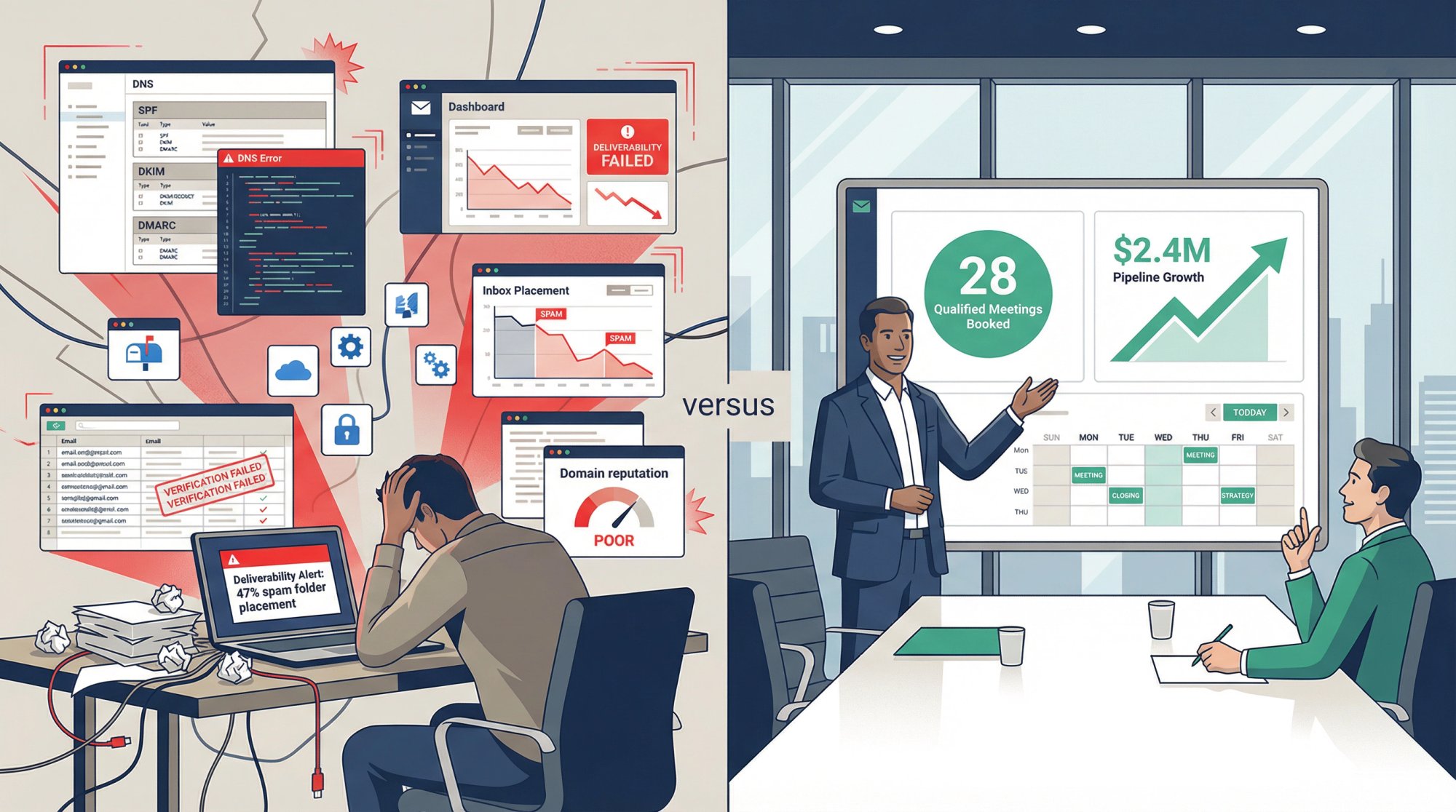 Split comparison showing DIY software complexity versus done-for-you outbound system simplicity