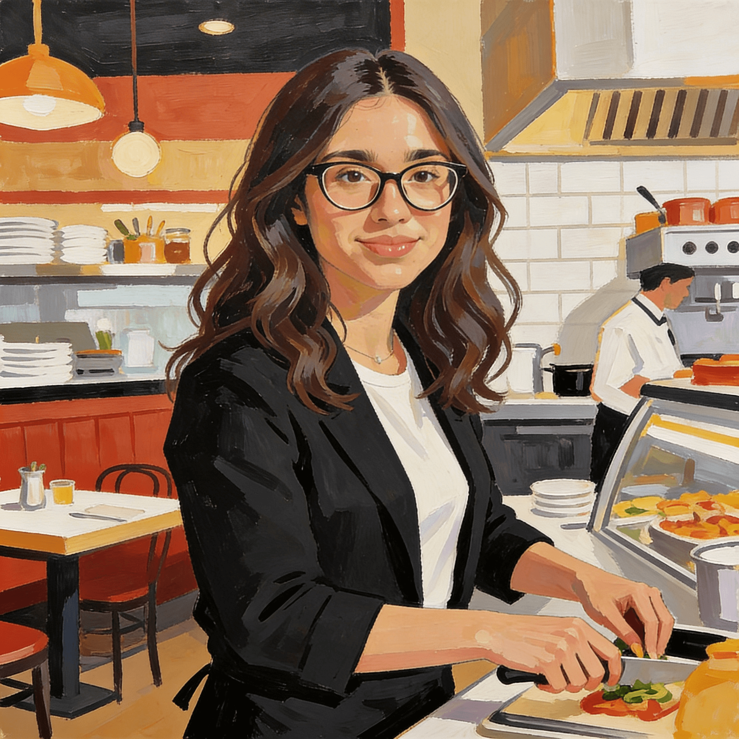 Woman in a beige turtleneck by an old computer and TV, retro 80s office portrait.