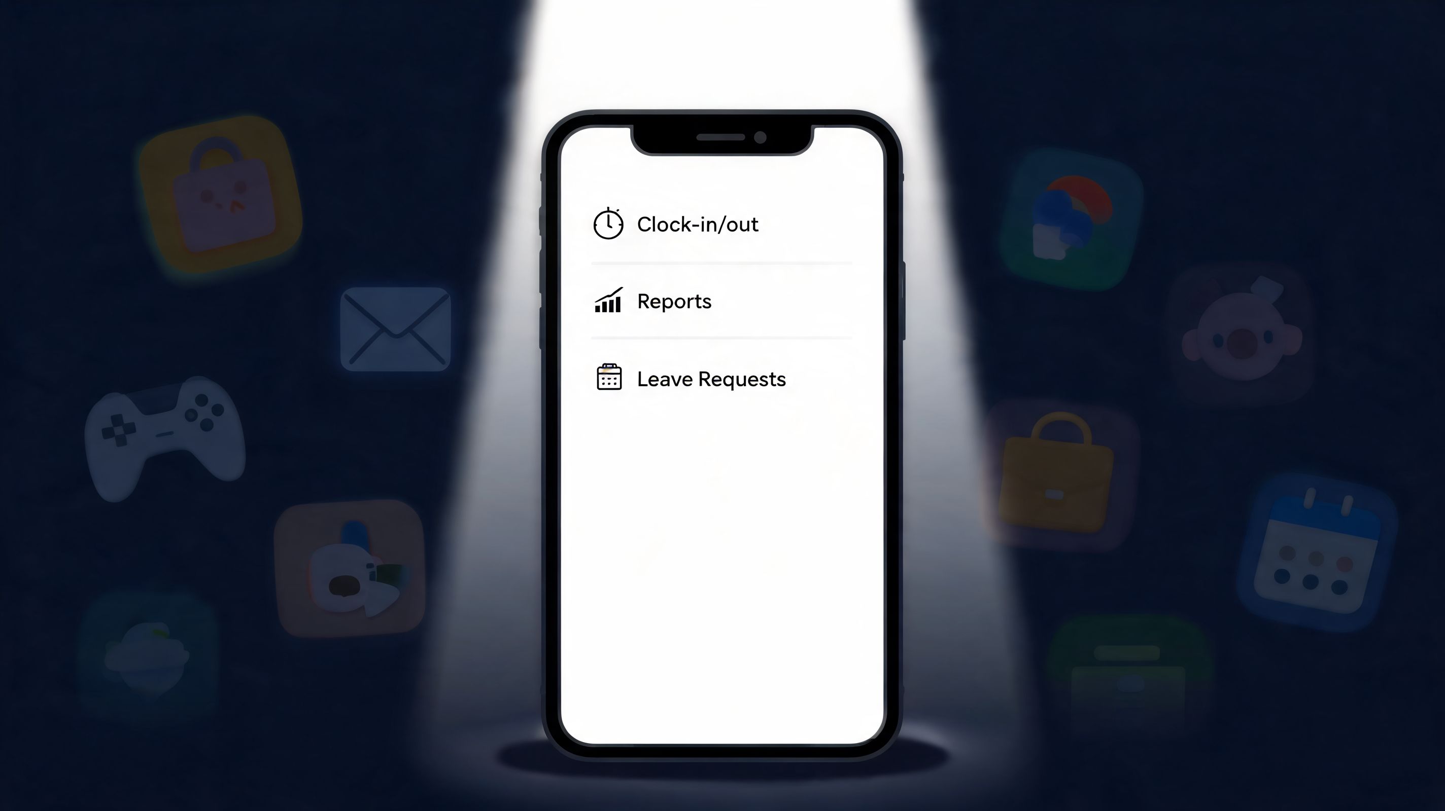 A smartphone display showing menu options for clock-in, reports, and leave requests for employees.