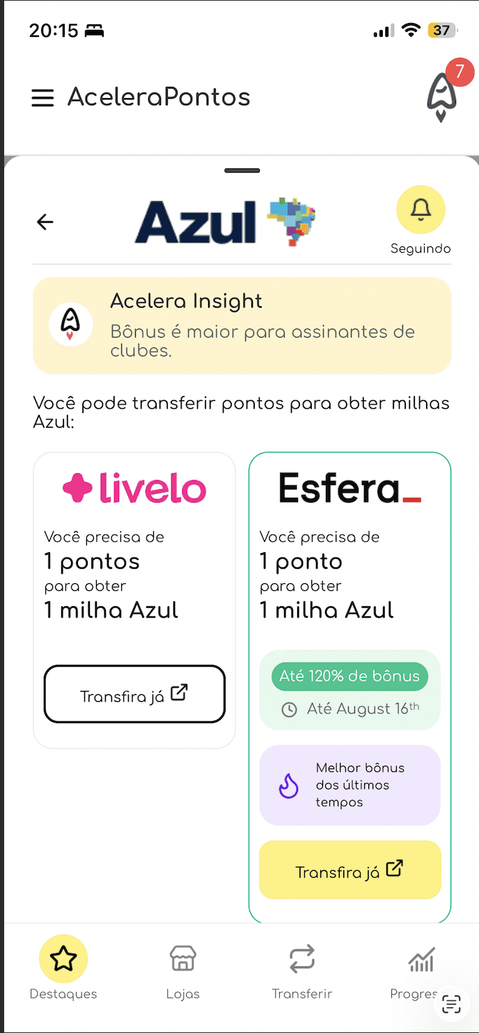 tela do app de milhas AceleraPontos, mostrando campanha de transferência bonificada da Esfera para a Azul