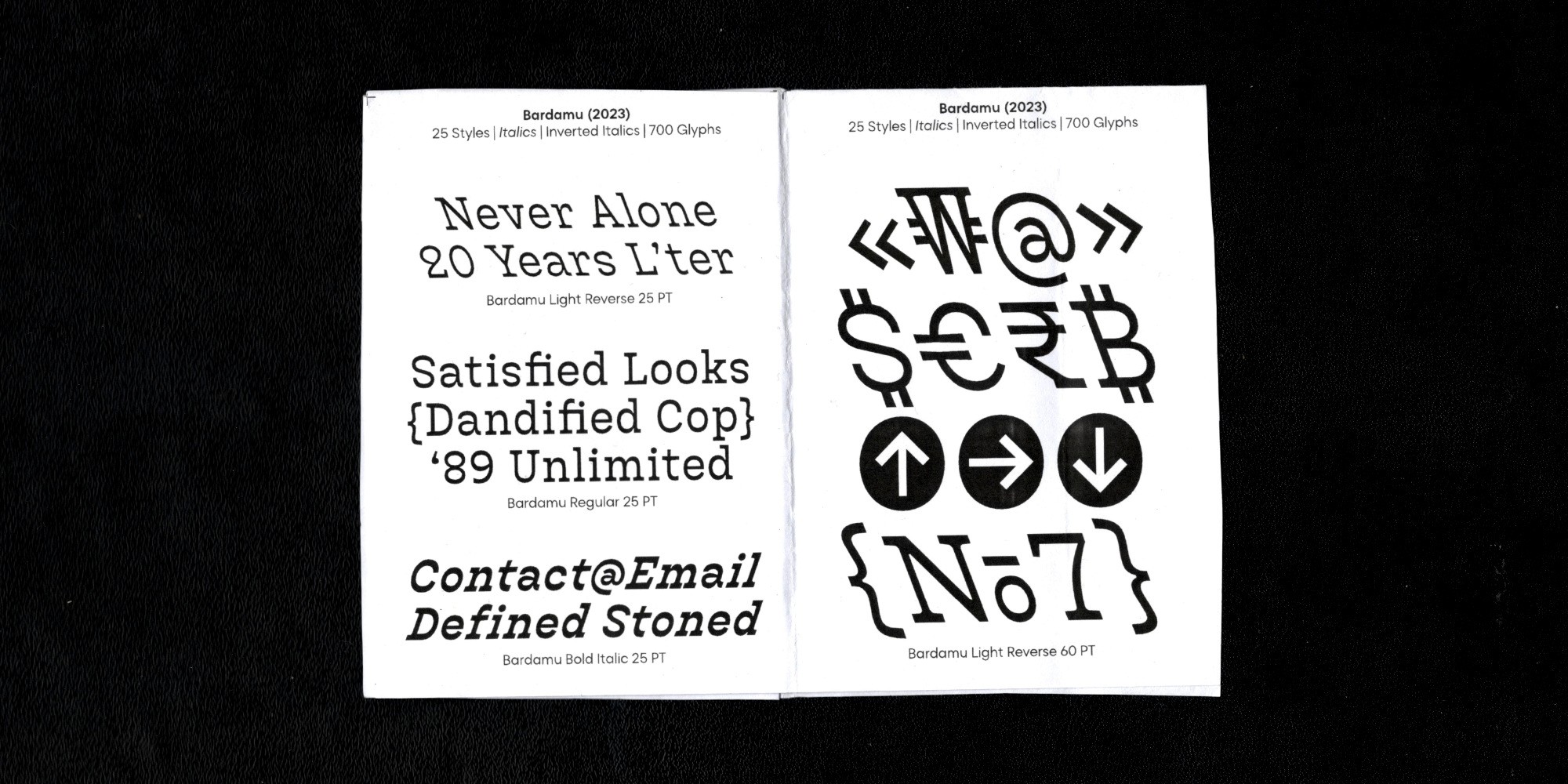 Specimen featuring Bardamu, a slab serif typeface by Groteskly Yours Studio