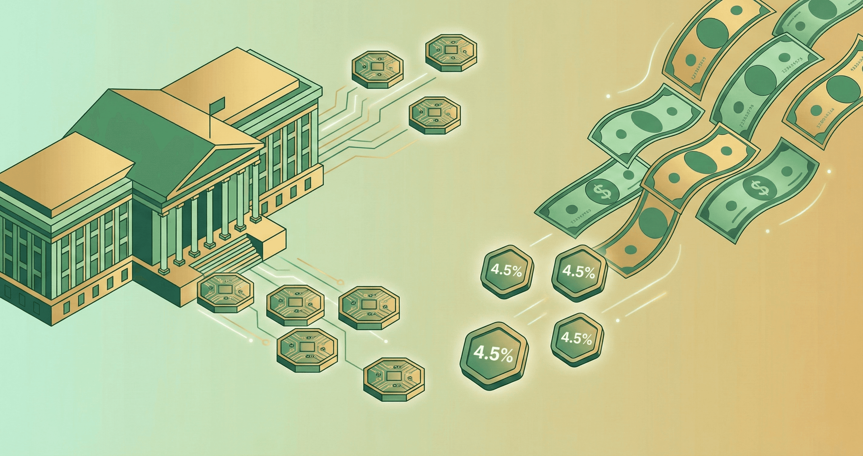 US Treasury bill transforming into blockchain token with 4-5% yield indicator