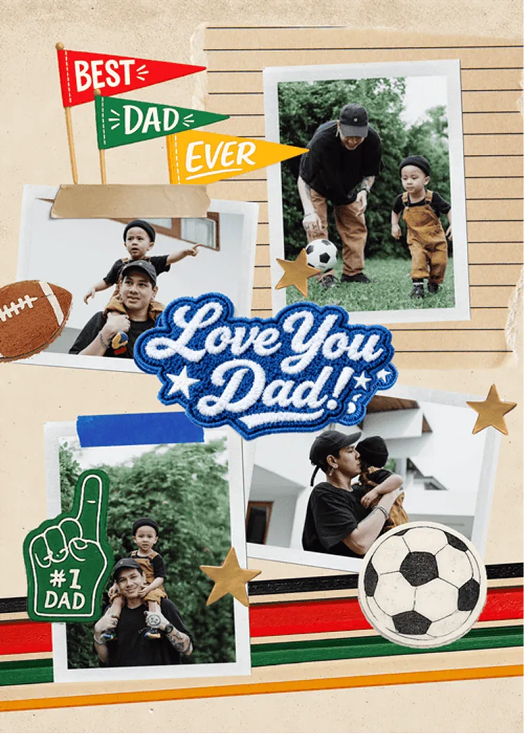 Sporty Father's Day card template with taped photo frames, pennants, a football, a soccer ball, and a '#1 Dad' foam finger.