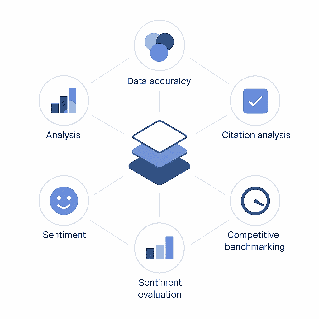 Abstract diagram of six evaluation pillars for selecting an AEO platform.