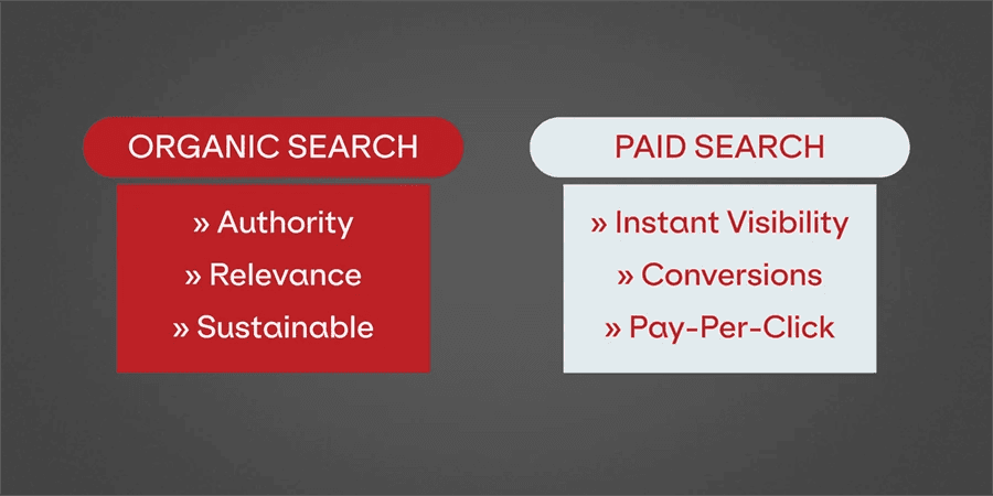 Organic Search Benefits (authority, relevance, sustainable) vs. Paid Search Benefits (instant visibility, conversions, pay-per-click)