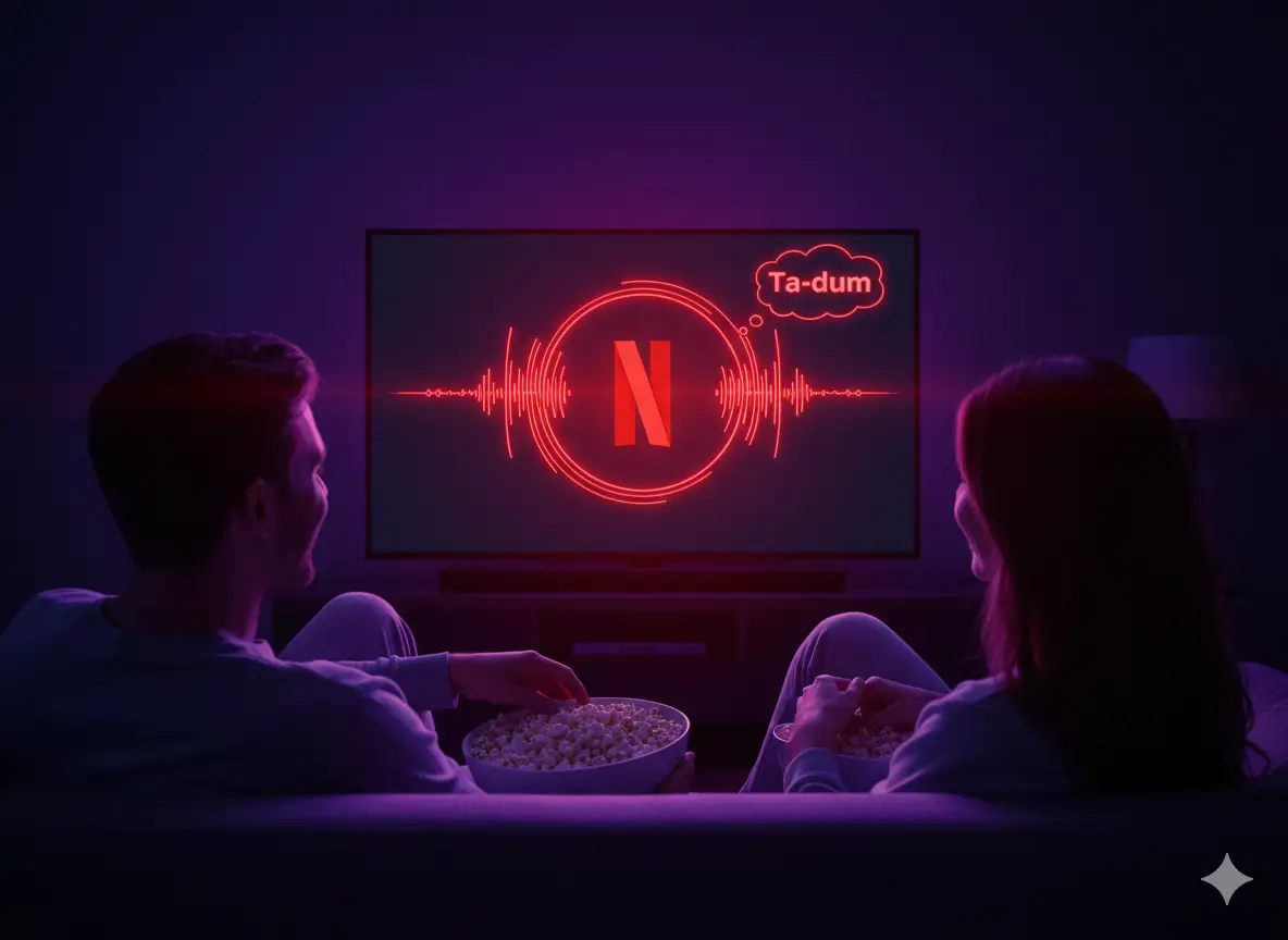 A couple sits on a sofa, sharing popcorn, watching a TV in a dimly lit room. The TV screen displays the red Netflix 'N' logo with a vibrant red soundwave and musical notes, signifying the 'Ta-dum' sonic branding and the start of entertainment