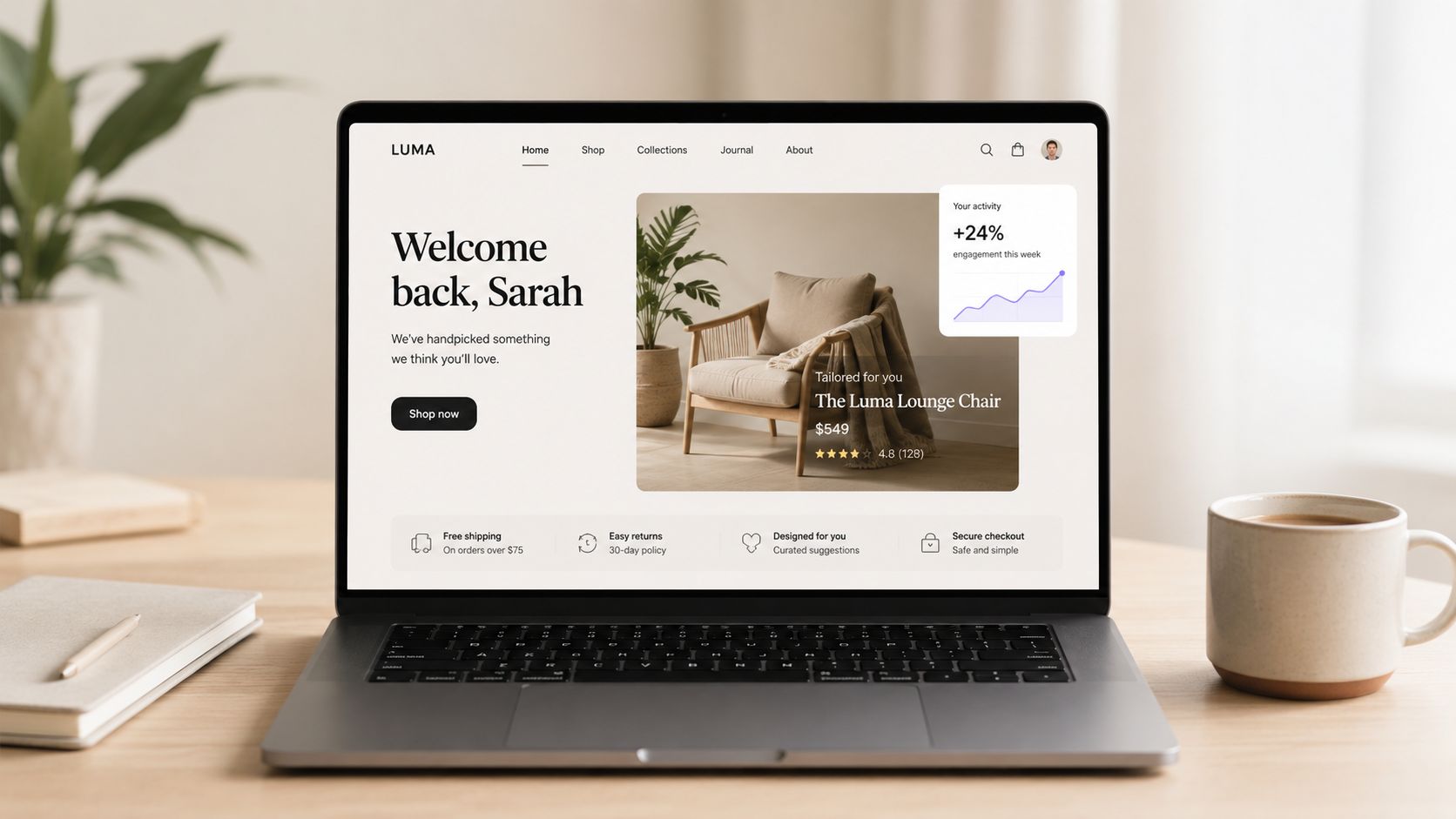 A laptop on a wooden desk displaying a personalized e-commerce website interface for a user named Sarah.