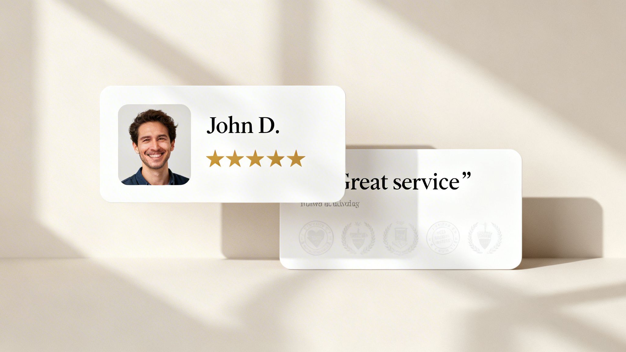 A floating white review card showing John D., five gold stars, and 'Great service'.