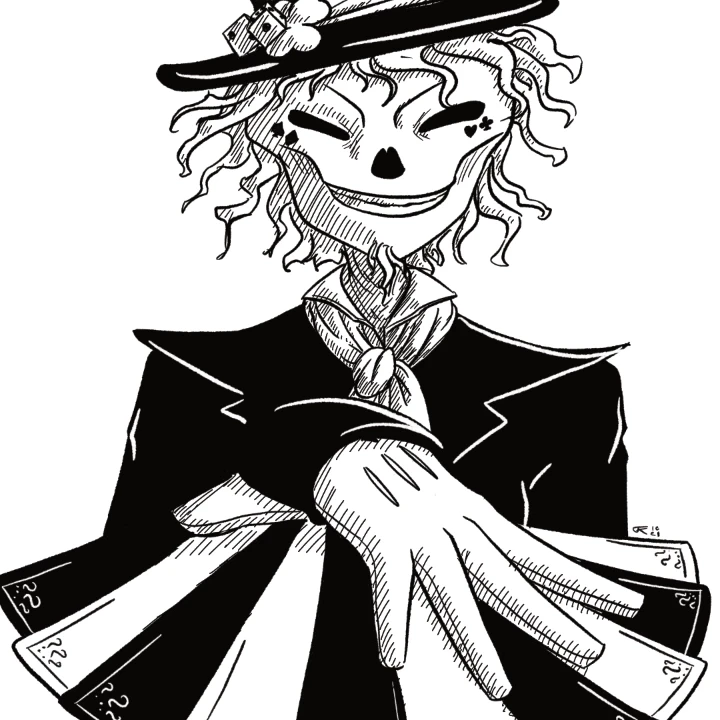 Digital ink drawing of a skull faced man holding out playing cards to pick from.