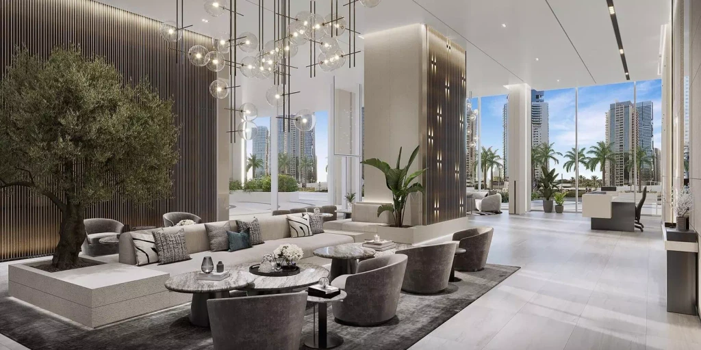 Lobby of Liv Lux luxury condo building in Dubai, featuring elegant decor and modern furnishings.