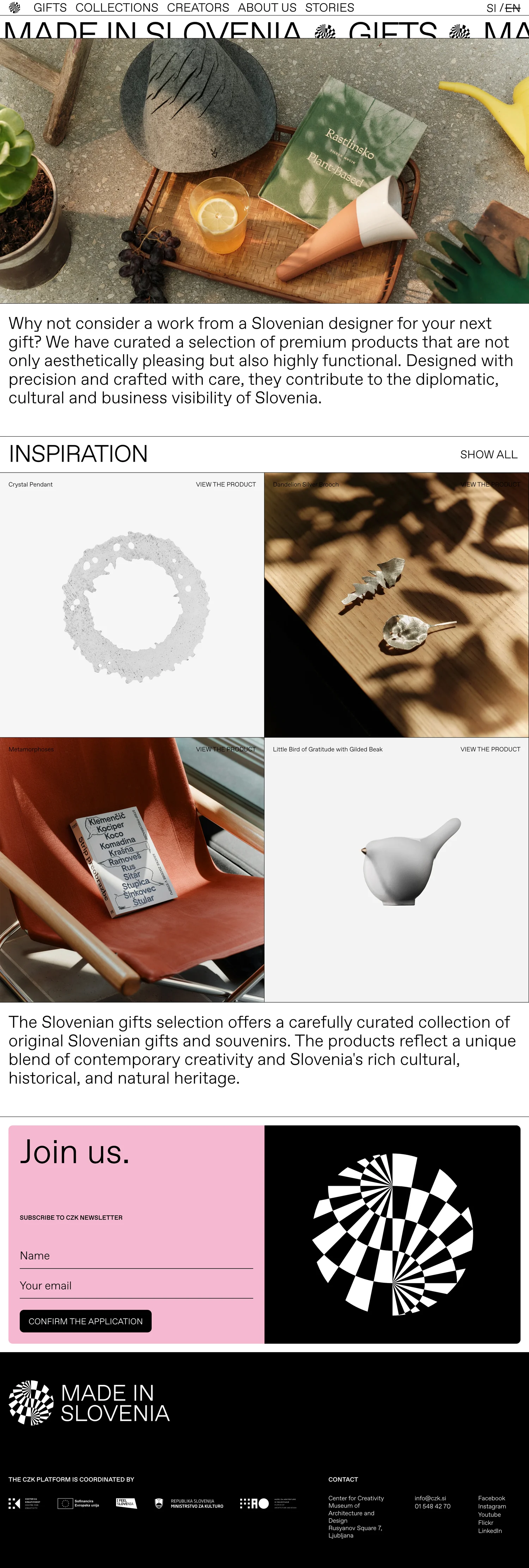 The website showcases Slovenian design and craftsmanship, offering a platform for various products made in Slovenia.