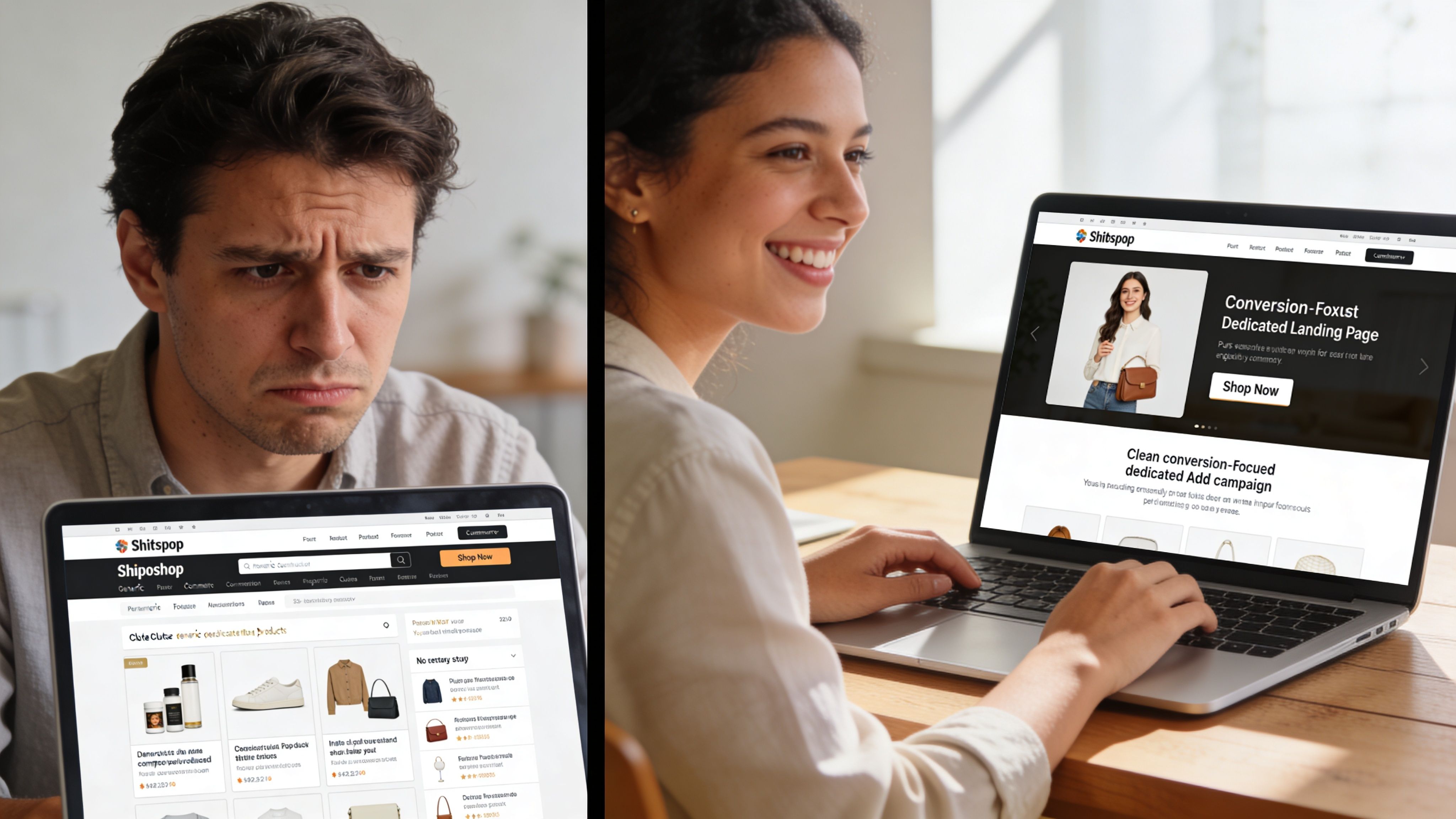 A split screen showing a frustrated man and a smiling woman both using the Shopify landing page builder.