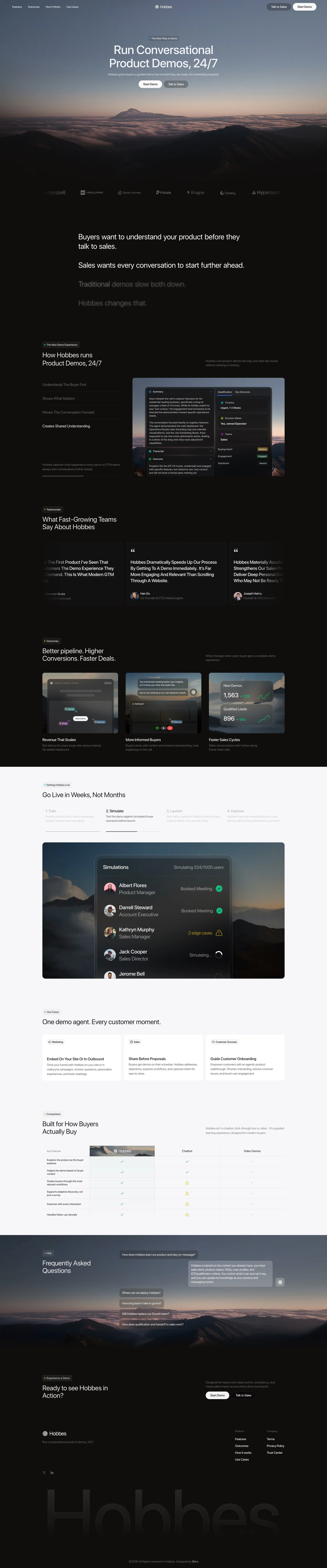 Hobbes - On-Demand, Conversational Demos landing page screenshot showcasing Tech design