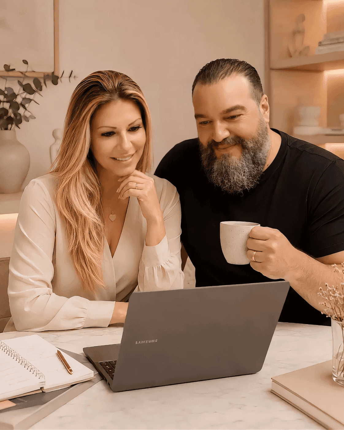 Mari Morales e o marido observando juntos o computador em um ambiente de trabalho editorial e acolhedor.