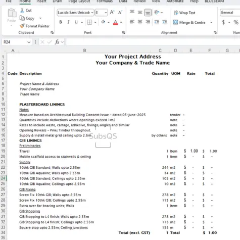 GIB Wallboard linings quantities take-off in CostX by SubsQS