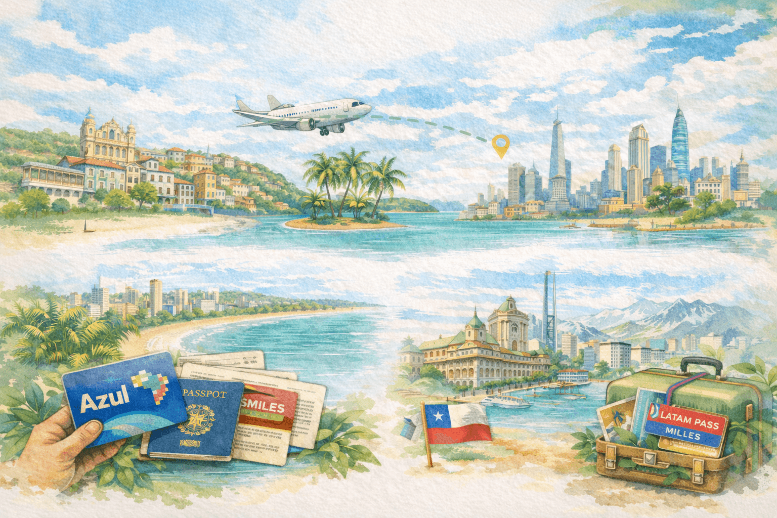 Ilustração em aquarela mostrando destinos para viajar com milhas no Brasil e América do Sul, com avião e paisagens.