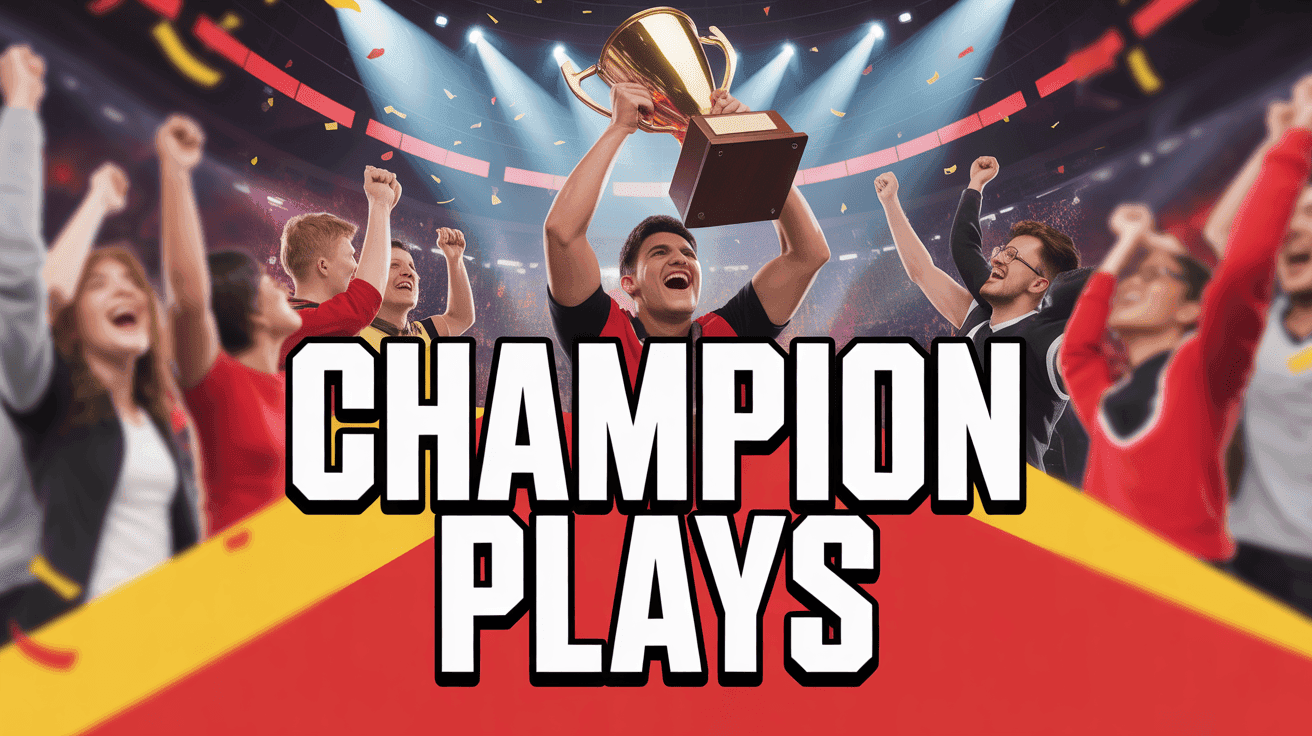 Esports champion lifting gold trophy on arena stage with teammates and CHAMPION PLAYS headline