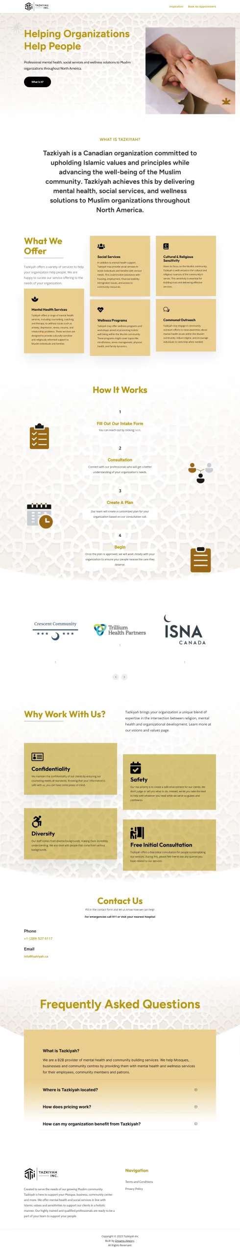 home page for tazkiyah website developed & designed by Dreams Agency Mississauga, Ontario