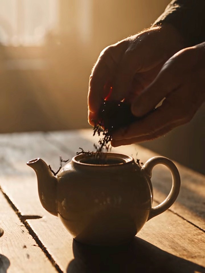 A hand drops loose tea leaves into a white teapot