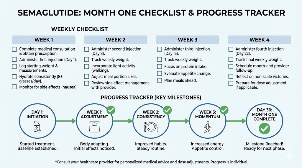 Semaglutide first month progress checklist and milestone tracker