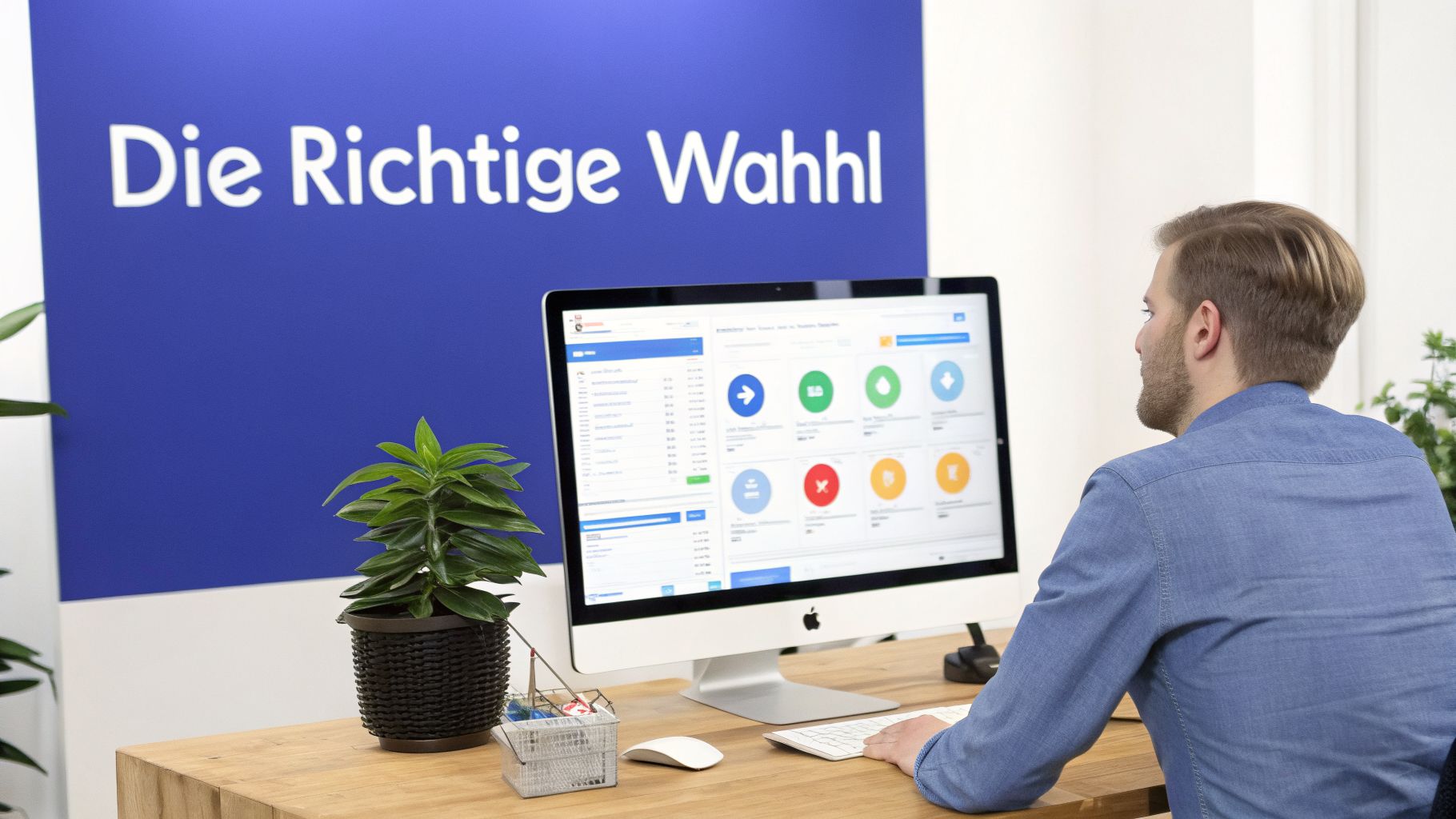 Ein Mann sitzt an einem Holzschreibtisch und betrachtet einen Computerbildschirm mit einer Software-Oberfläche. Im Hintergrund steht „Die Richtige Wahl“ auf blauem Grund.