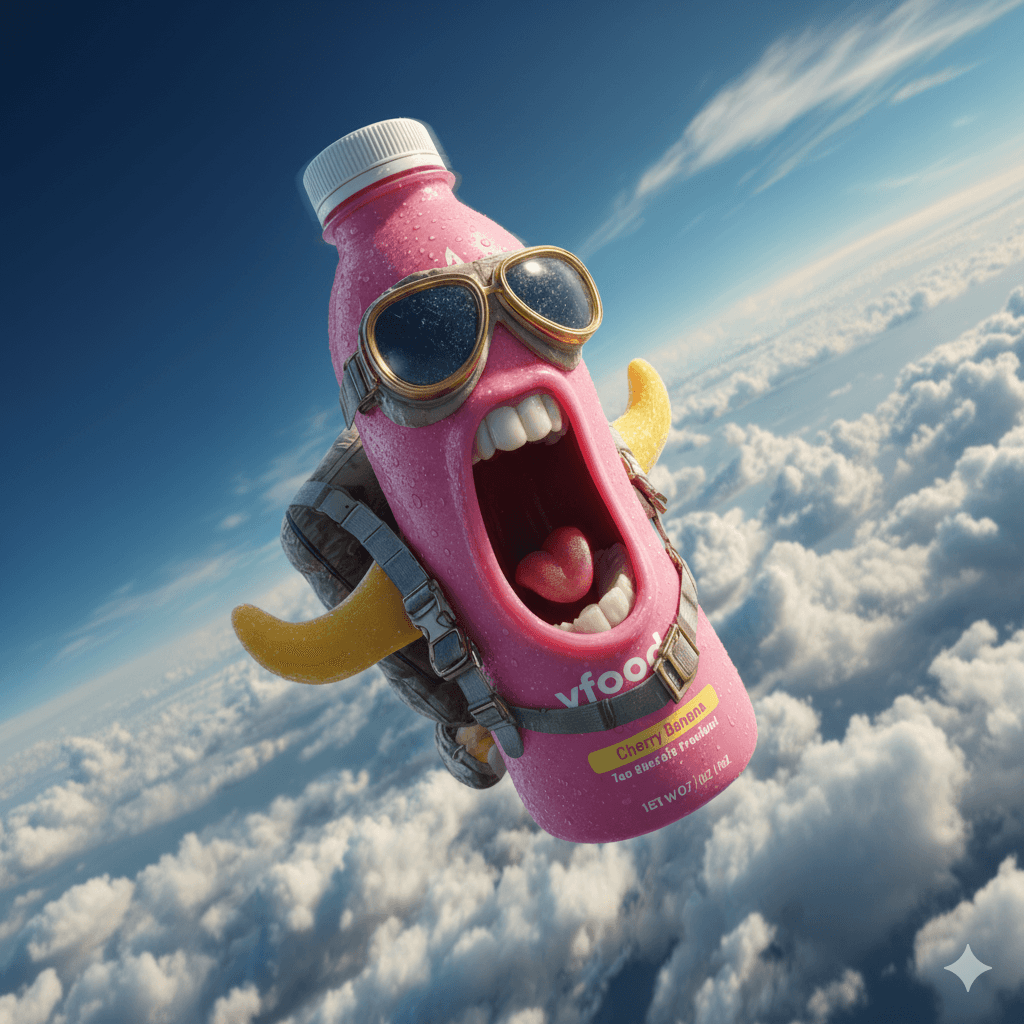 Surreale 3D-Animation eines Smoothie-Charakters mit Fallschirm im Himmel für kreative Produktkampagne