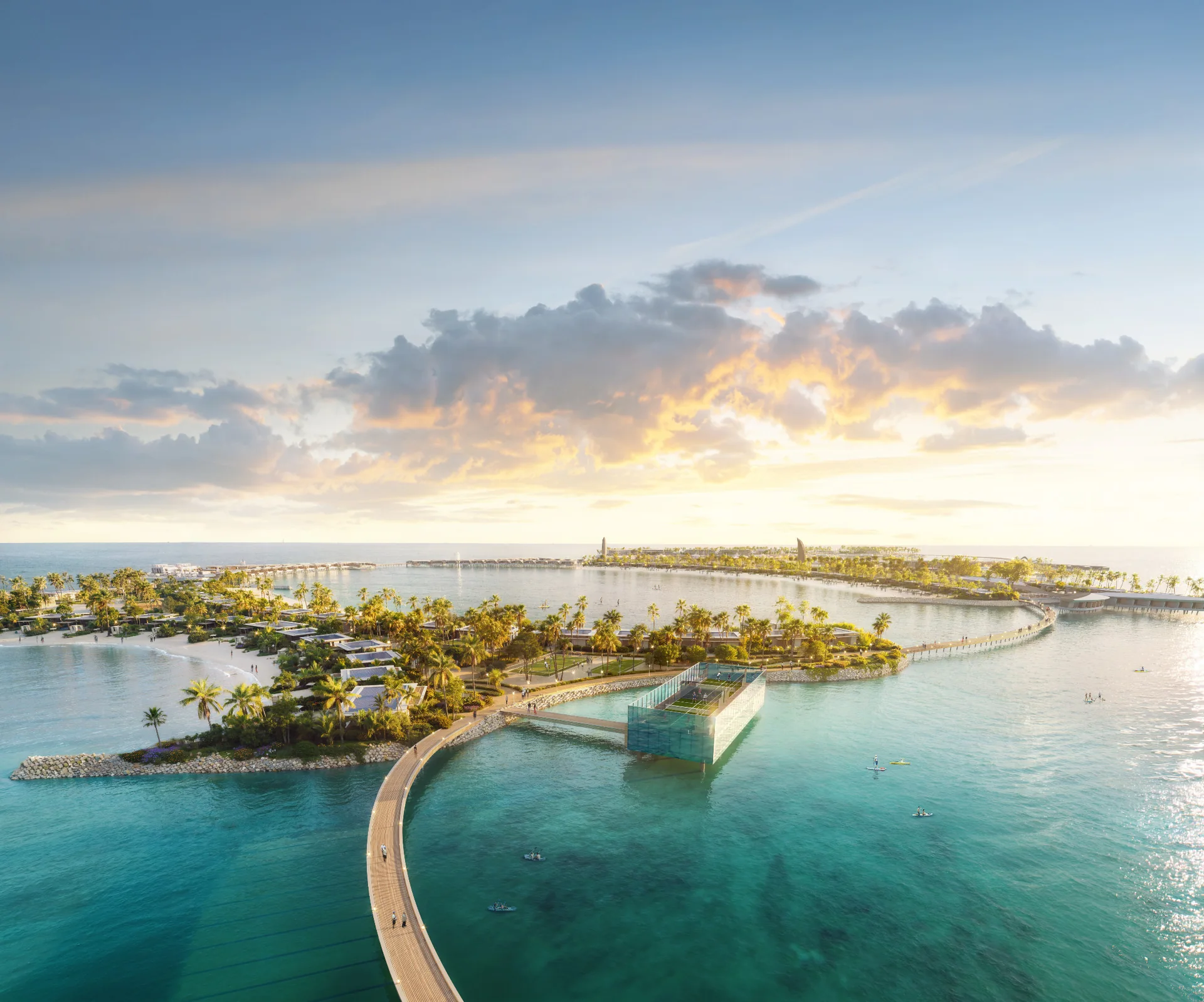 Killa Design concept rendering of Zamani Islands: aerial view of the island and curved overwater approach at sunset.