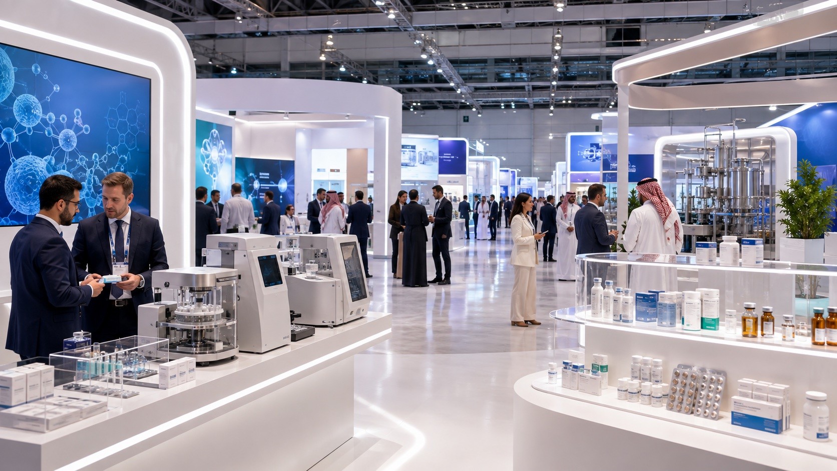 Pharmaceutical technology exhibition with product displays, laboratory equipment and machinery at a professional trade fair in Riyadh
