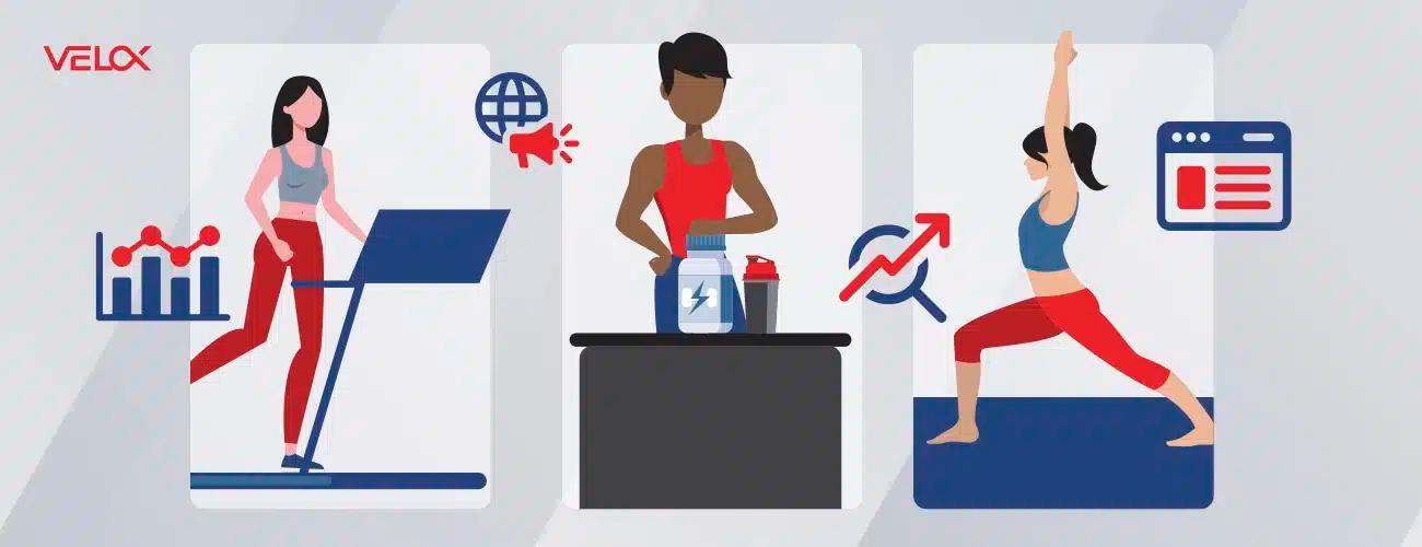 Characters doing various fitness tasks, such as running on the treadmill, making a smoothie, and yoga