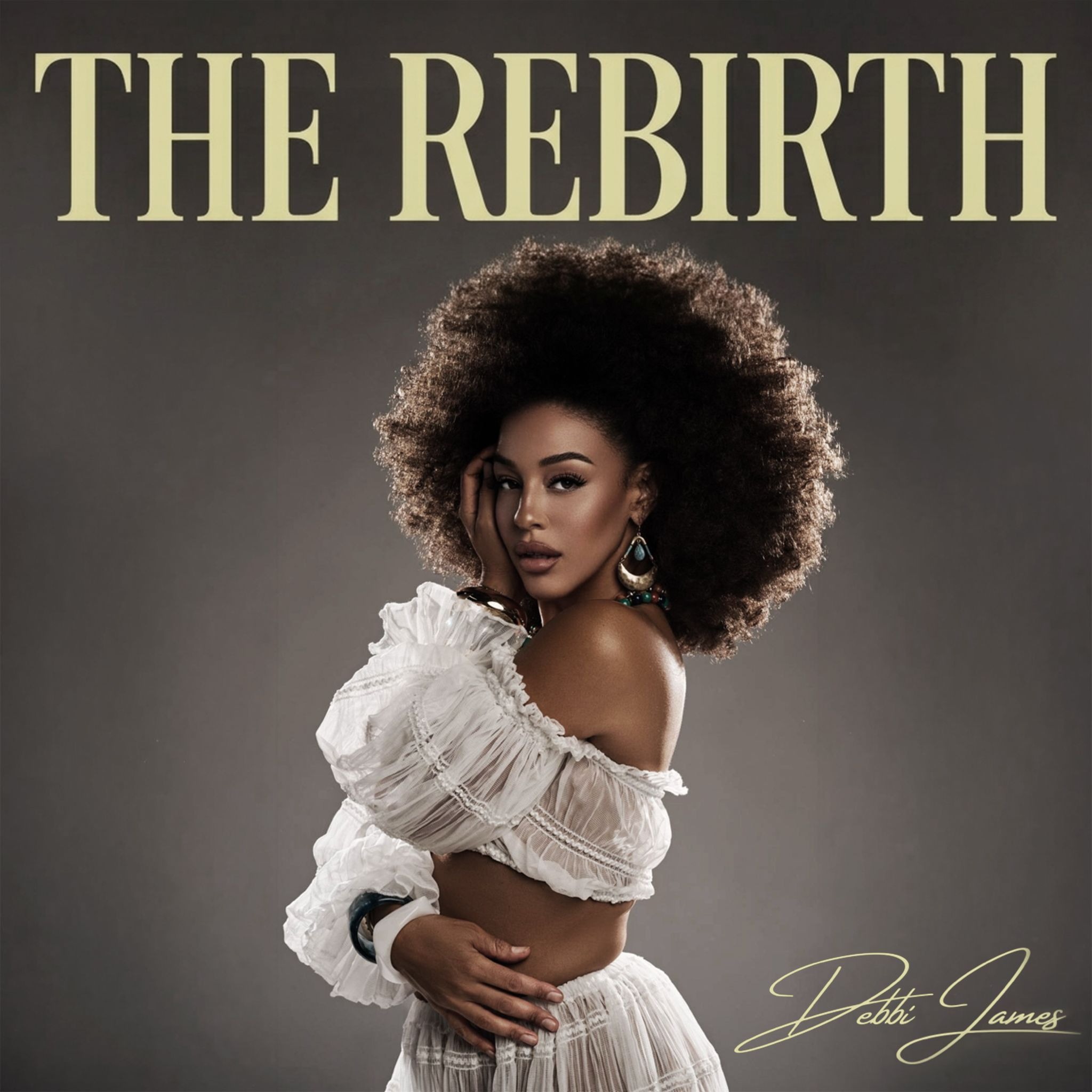 Debbi James poses in white ruffled outfit on “The Rebirth” album cover.