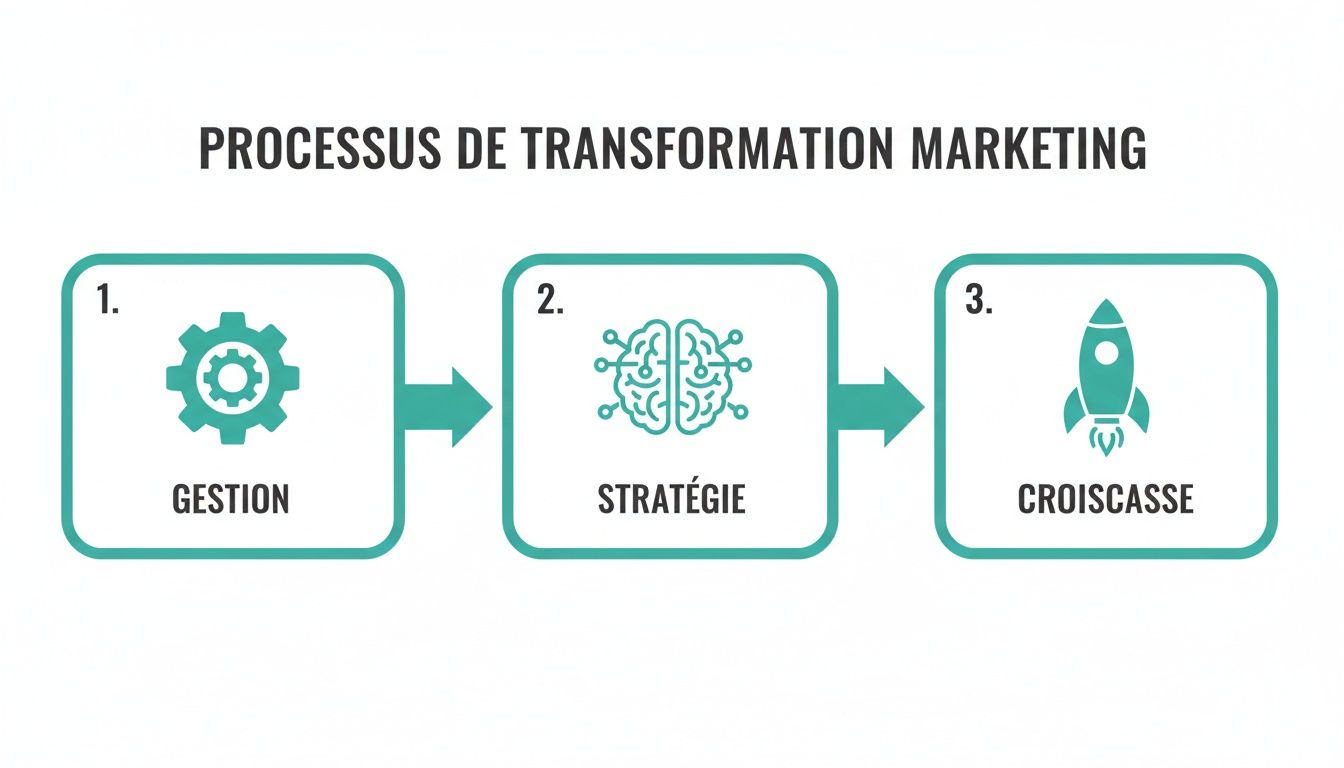 Infographie en trois étapes illustrant le processus de transformation marketing: gestion, stratégie et croissance.