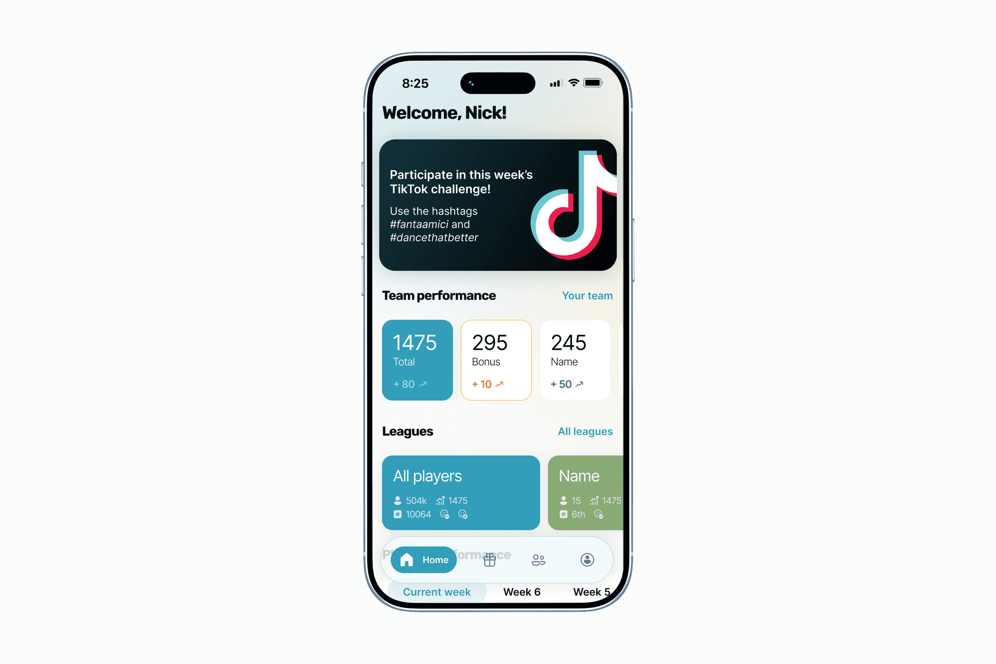 Domači zaslon mobilne aplikacije FantaAmici s pregledom koristnih informacij in promocij