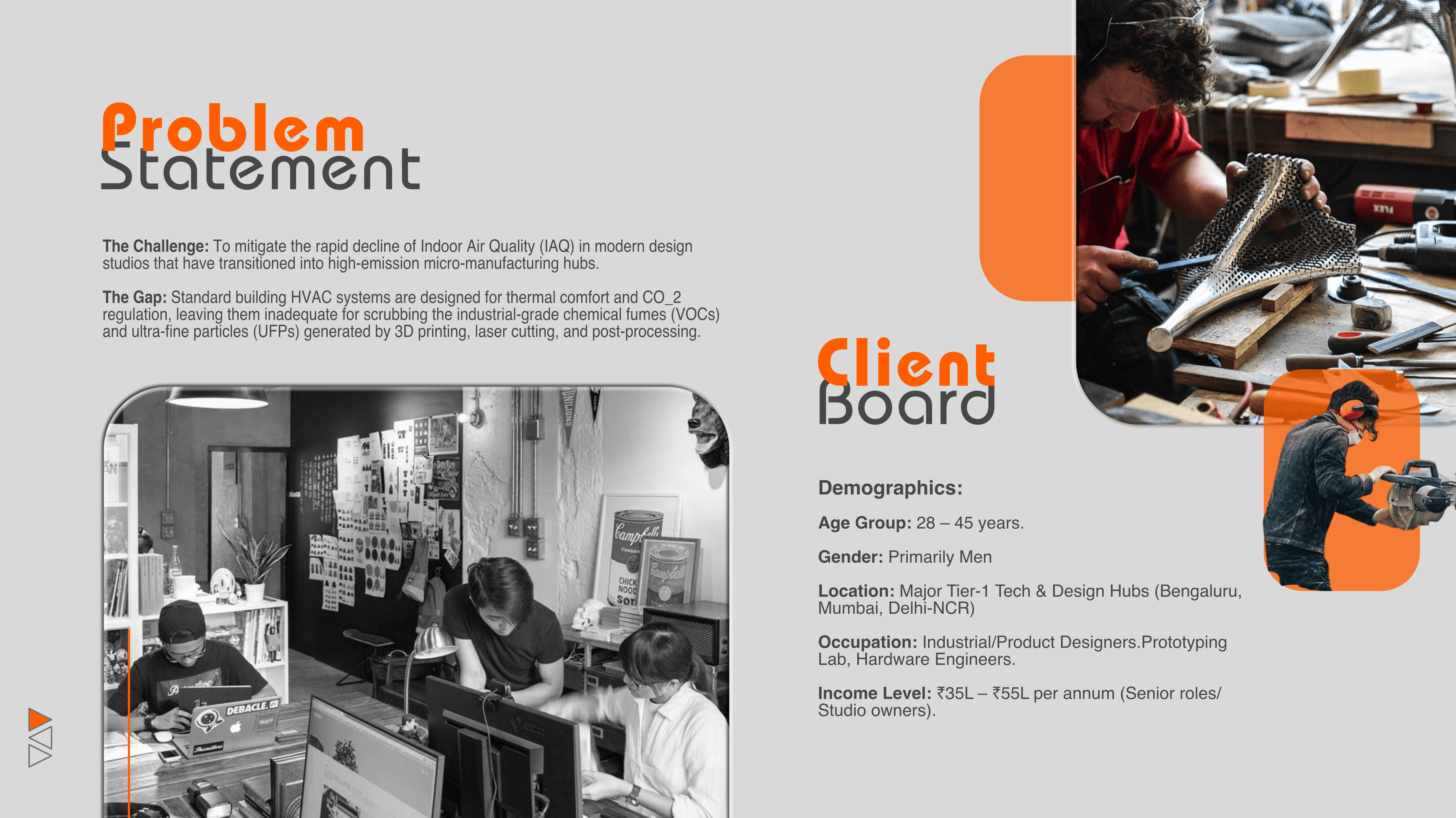 efining the design challenge by identifying the gap between standard ventilation and the specialized air filtration needs of high-emission creative studios.